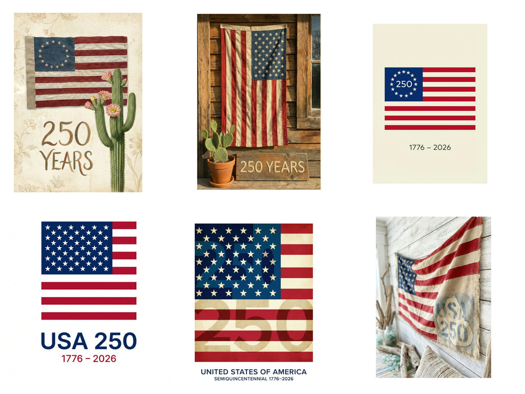 Collection of American flags digotal posters celebrating 250 years, with various designs and settings.