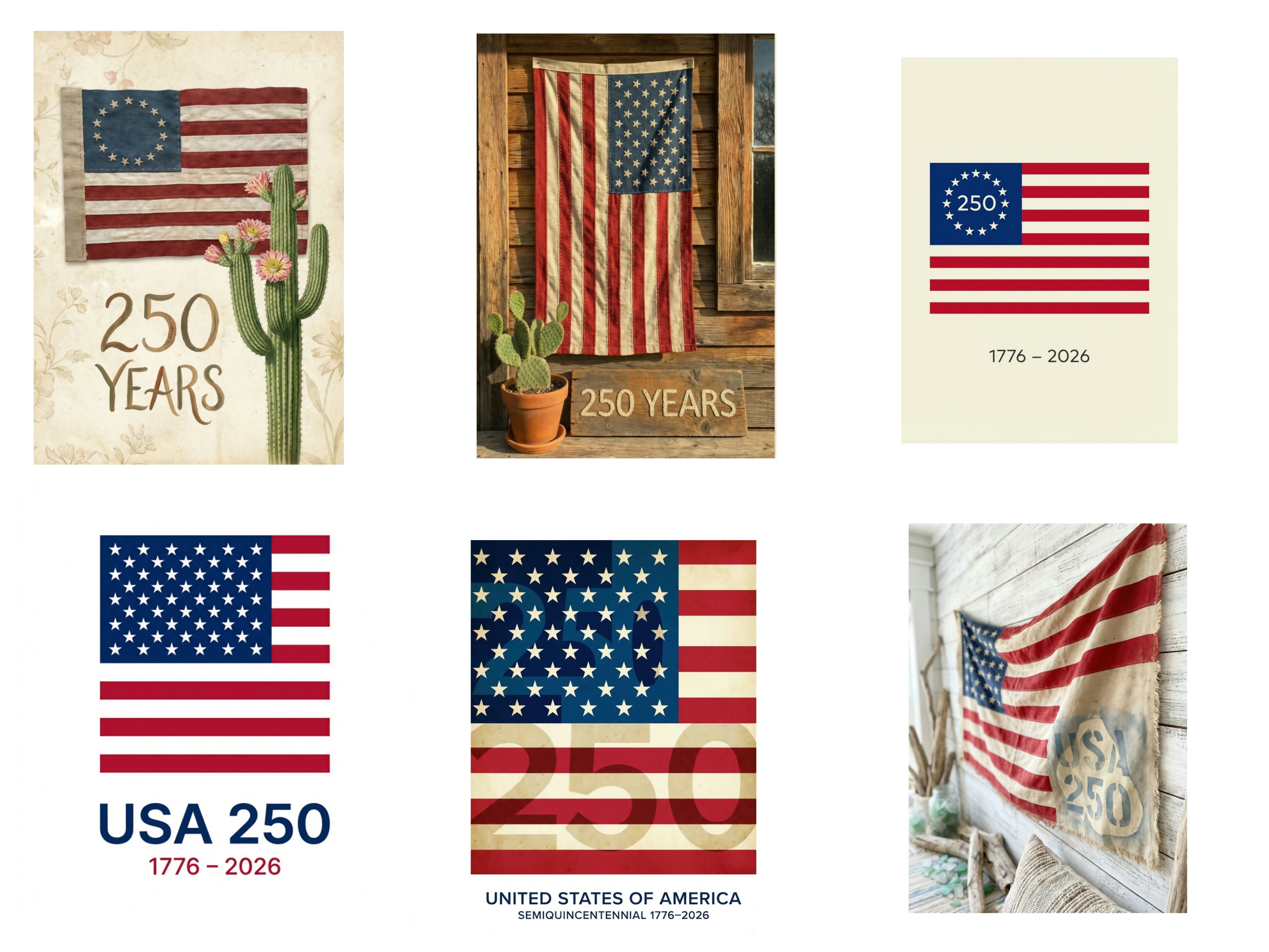 Collection of American flags digotal posters celebrating 250 years, with various designs and settings.