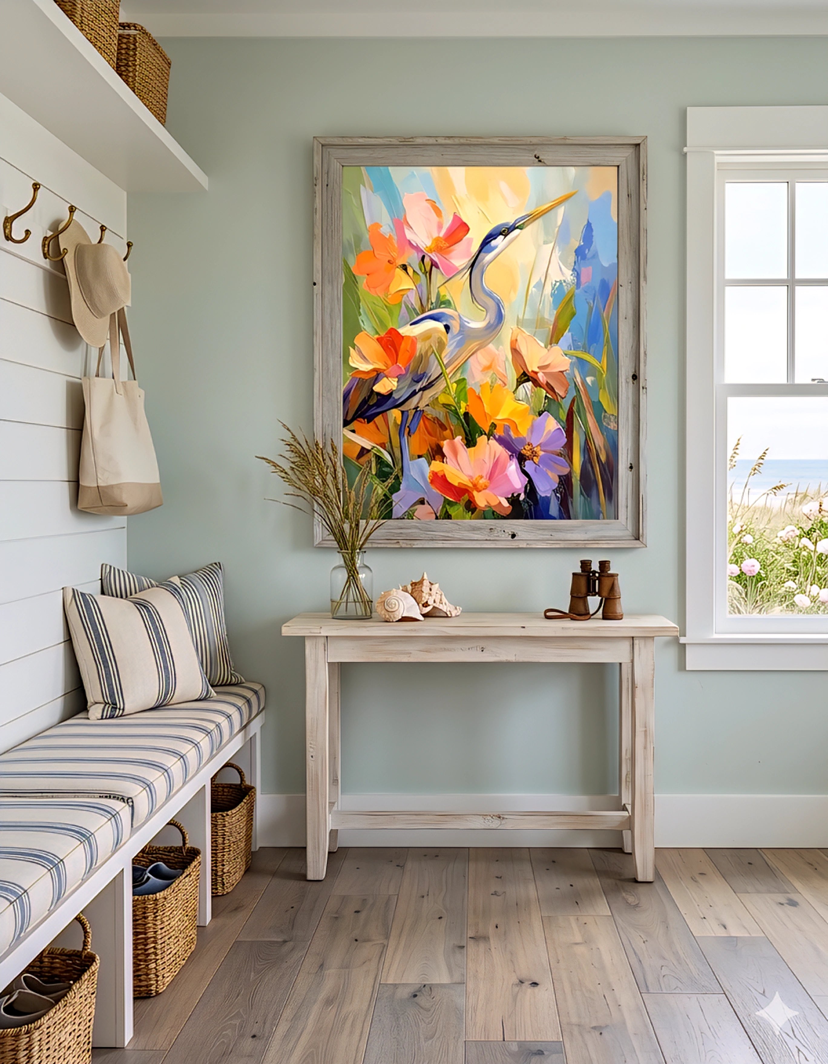 Colorful coastal heron floral wall art in beach cottage entryway with soft green walls, striped bench seating, and seaside decor, bright modern bird painting print for coastal home styling