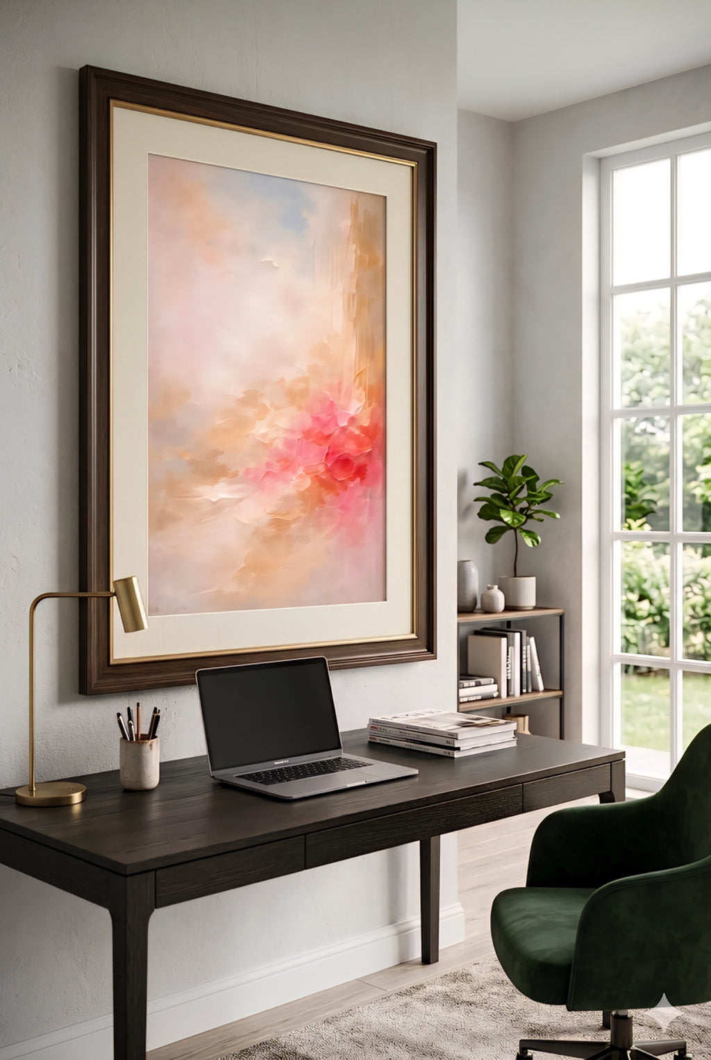 Home office with coral abstract printable wall art in dark wood frame above desk, modern workspace with laptop, green chair, and soft neutral decor styling