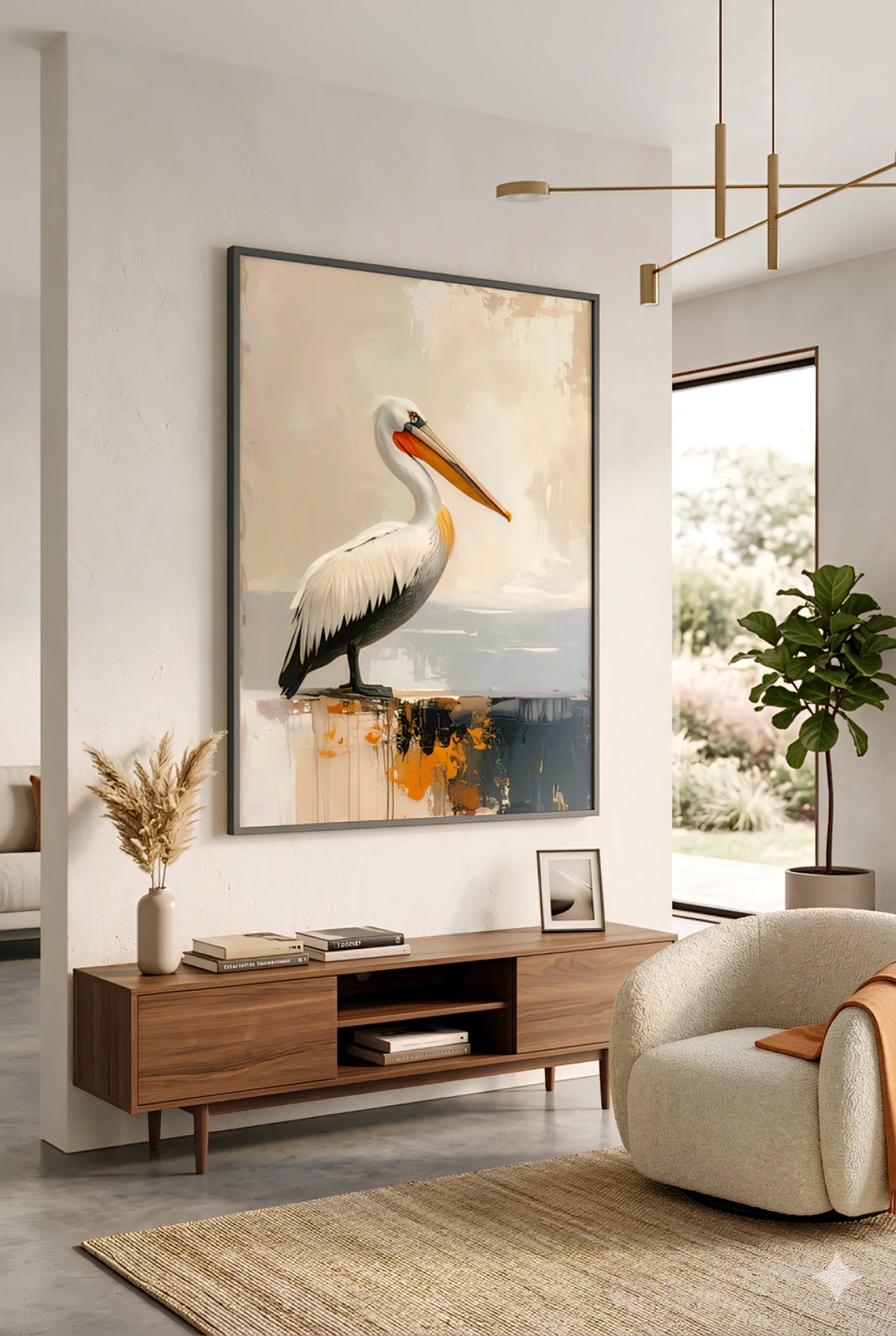 Modern living room decor with pelican wall art printable digital download above a wood media console in a bright contemporary interior.