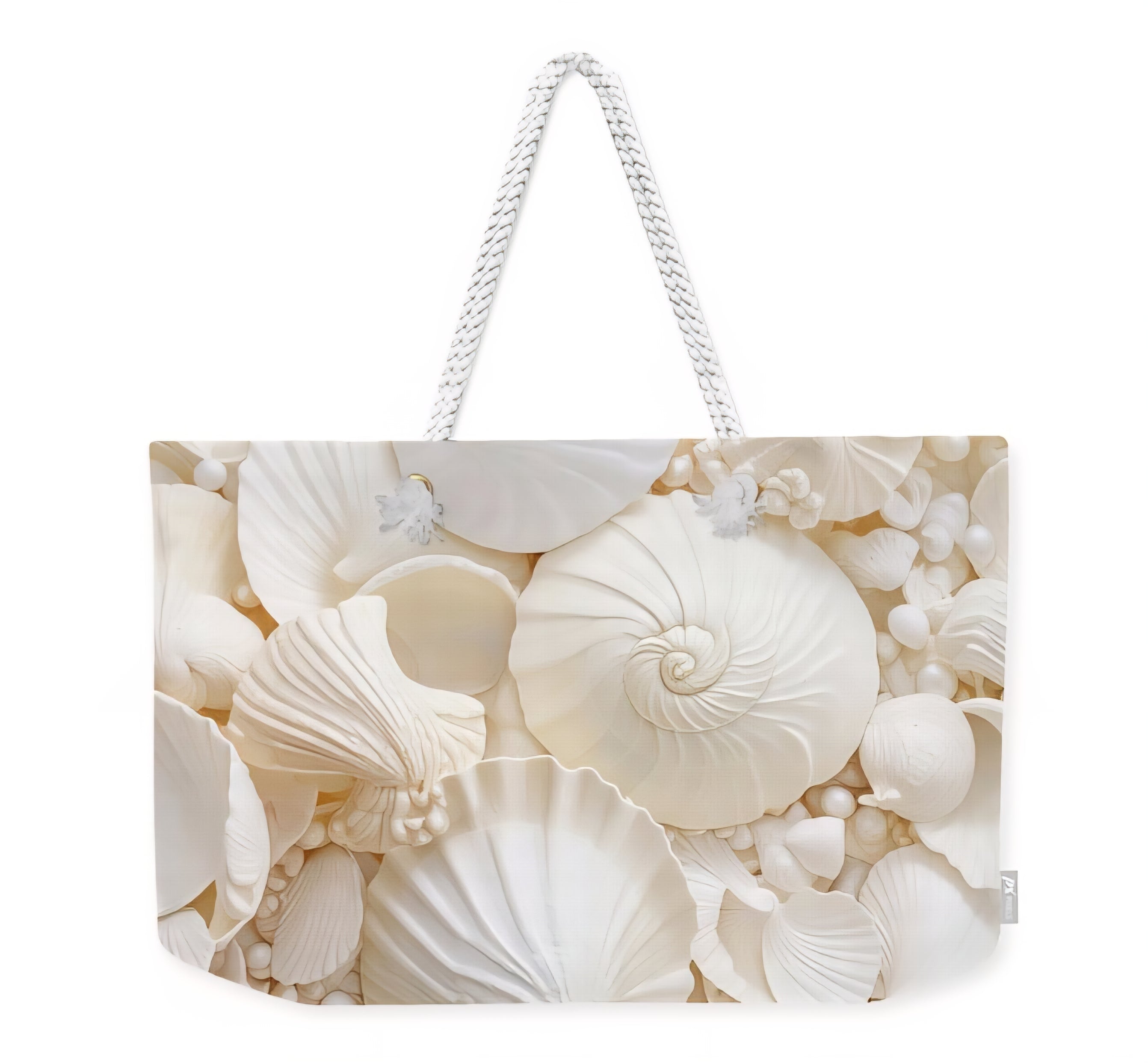 Decorative tote bag with seashells and pearls on a white background