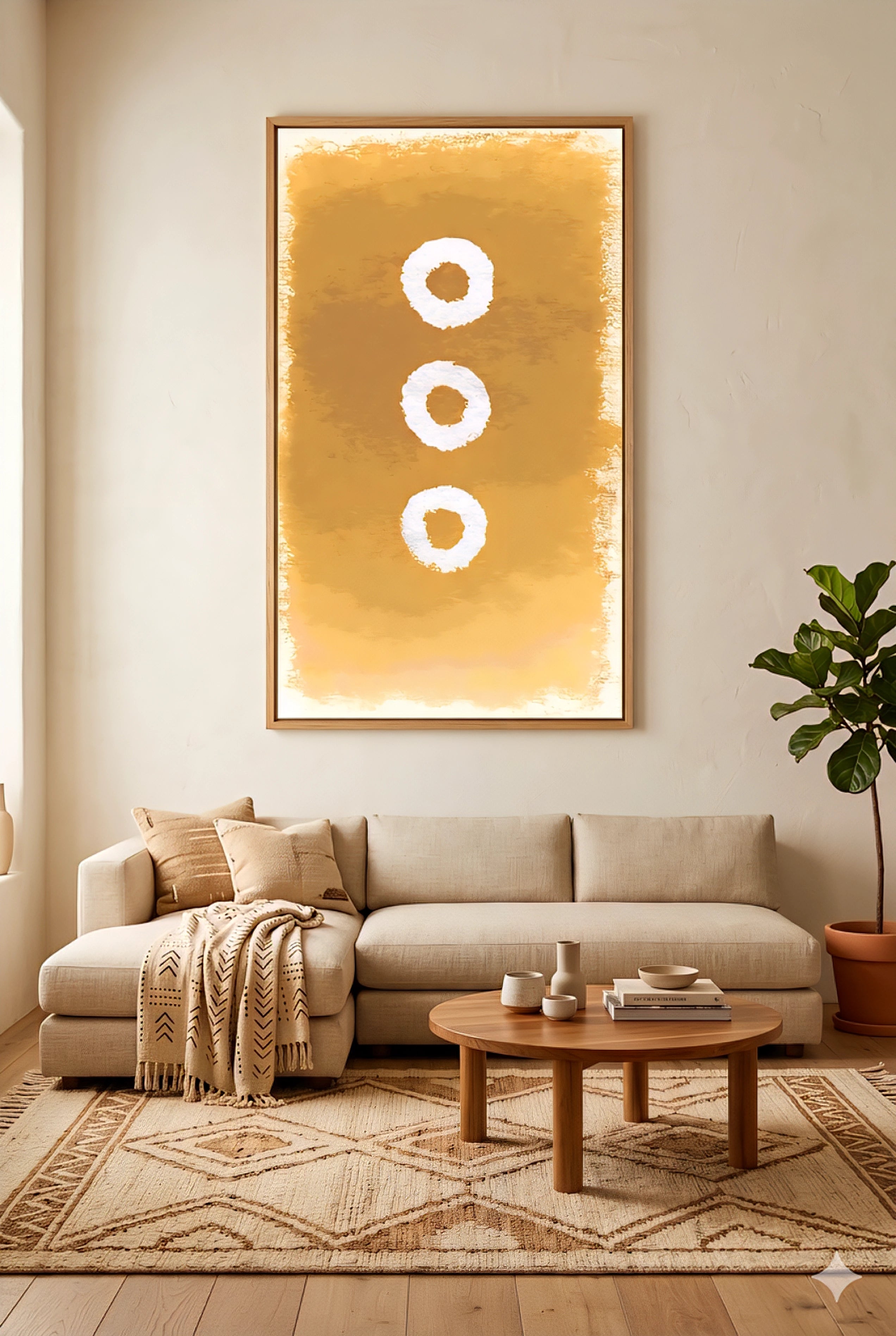 Large abstract wall art printable in warm golden earth tones with three circular shapes, displayed above a neutral beige sofa in a modern minimalist living room, oversized 9:16 vertical wall decor