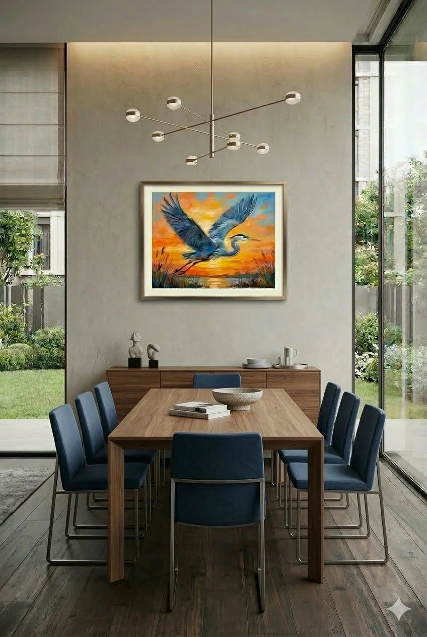 Blue Heron Sunset Wall Art Printable – Coastal Marsh Bird Artwork Digital Download – Orange Sky Landscape Print