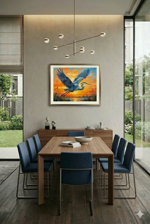 Blue Heron Sunset Wall Art Printable – Coastal Marsh Bird Artwork Digital Download – Orange Sky Landscape Print
