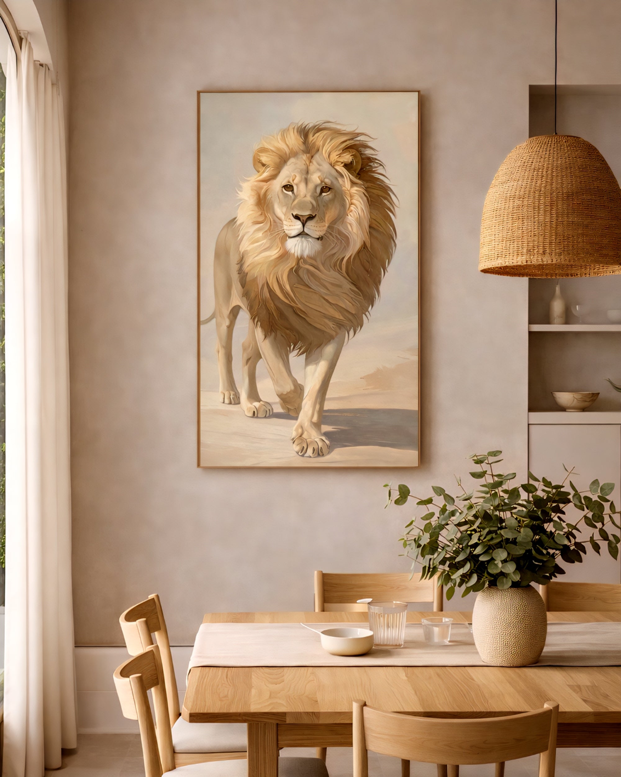 Lion wall art printable displayed in elegant dining room interior, neutral safari animal digital download wall decor printable up to 60 inches.
