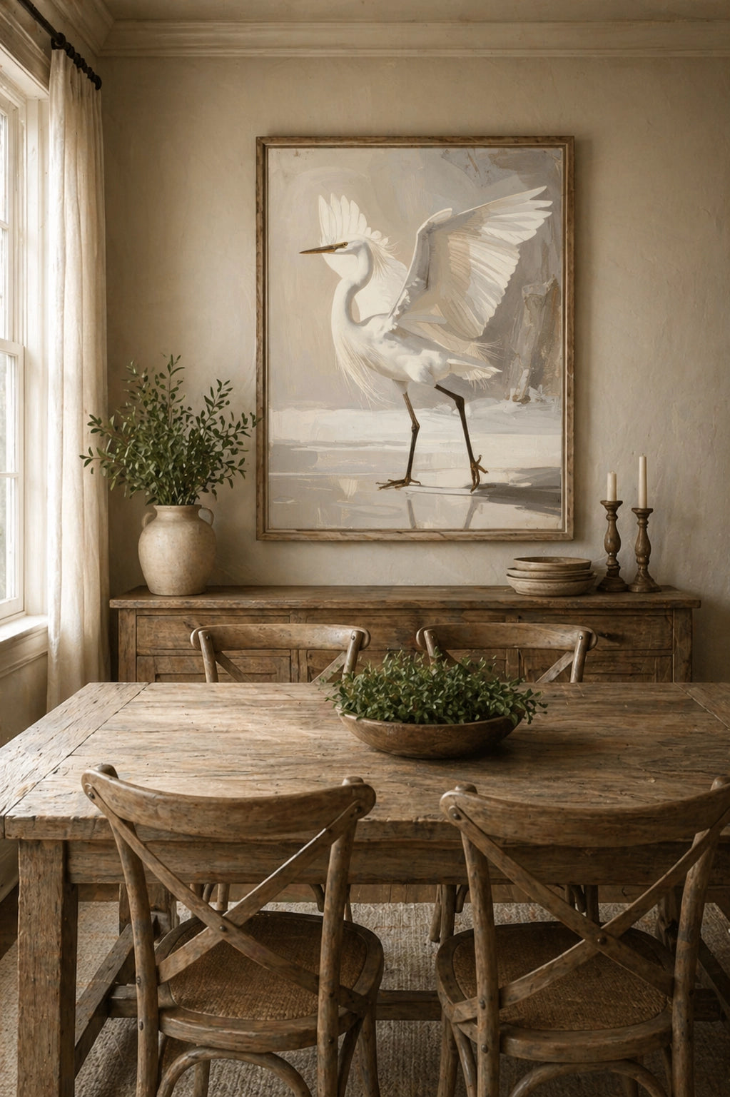 Framed coastal egret wall art in a warm neutral dining room with rustic wood table, chairs, and soft natural light creating calm coastal decorinspo