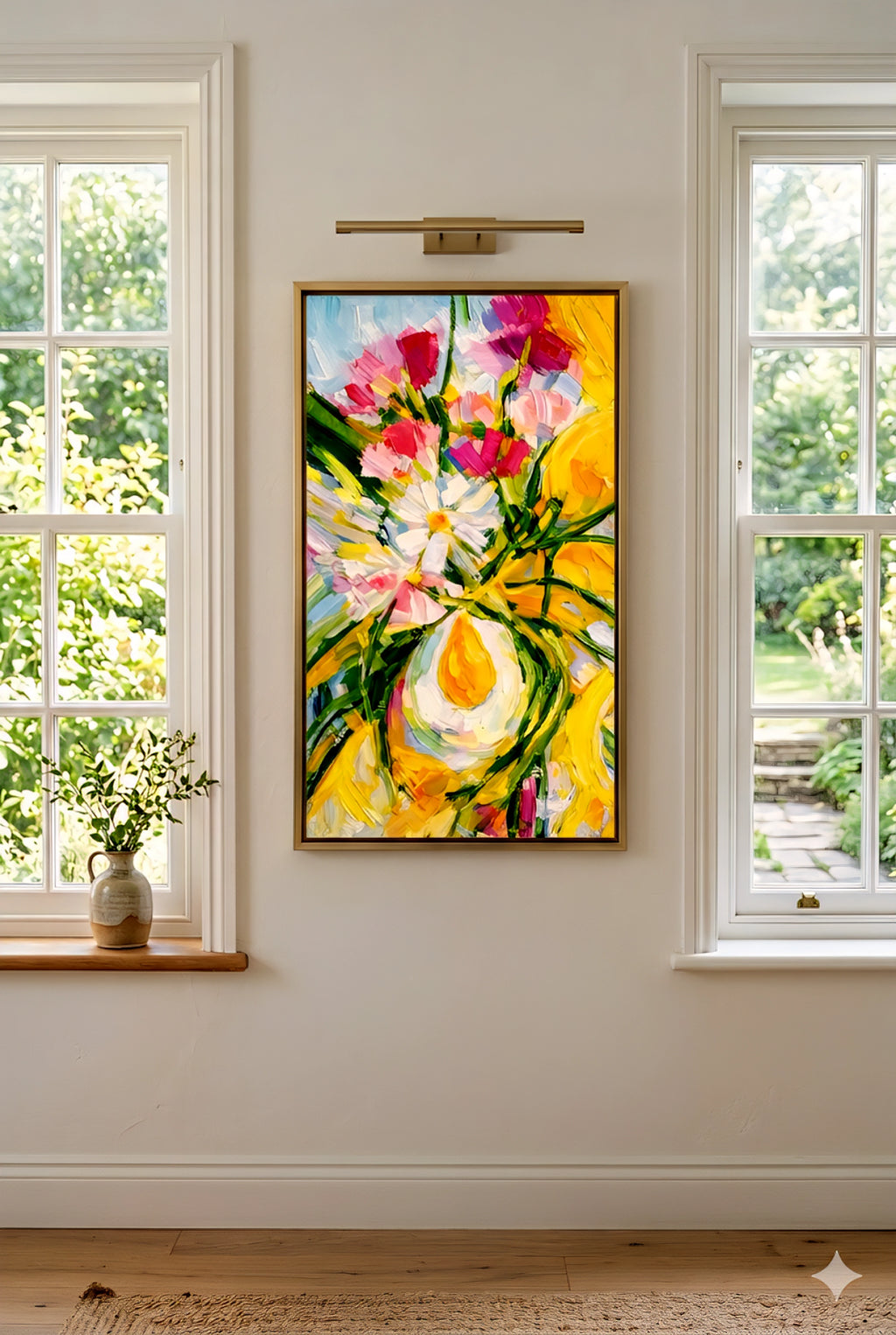 Large yellow and pink floral abstract wall art hung between bright windows with natural light, greenery views, and minimal styling, creating a clean, airy modern decorinspo look