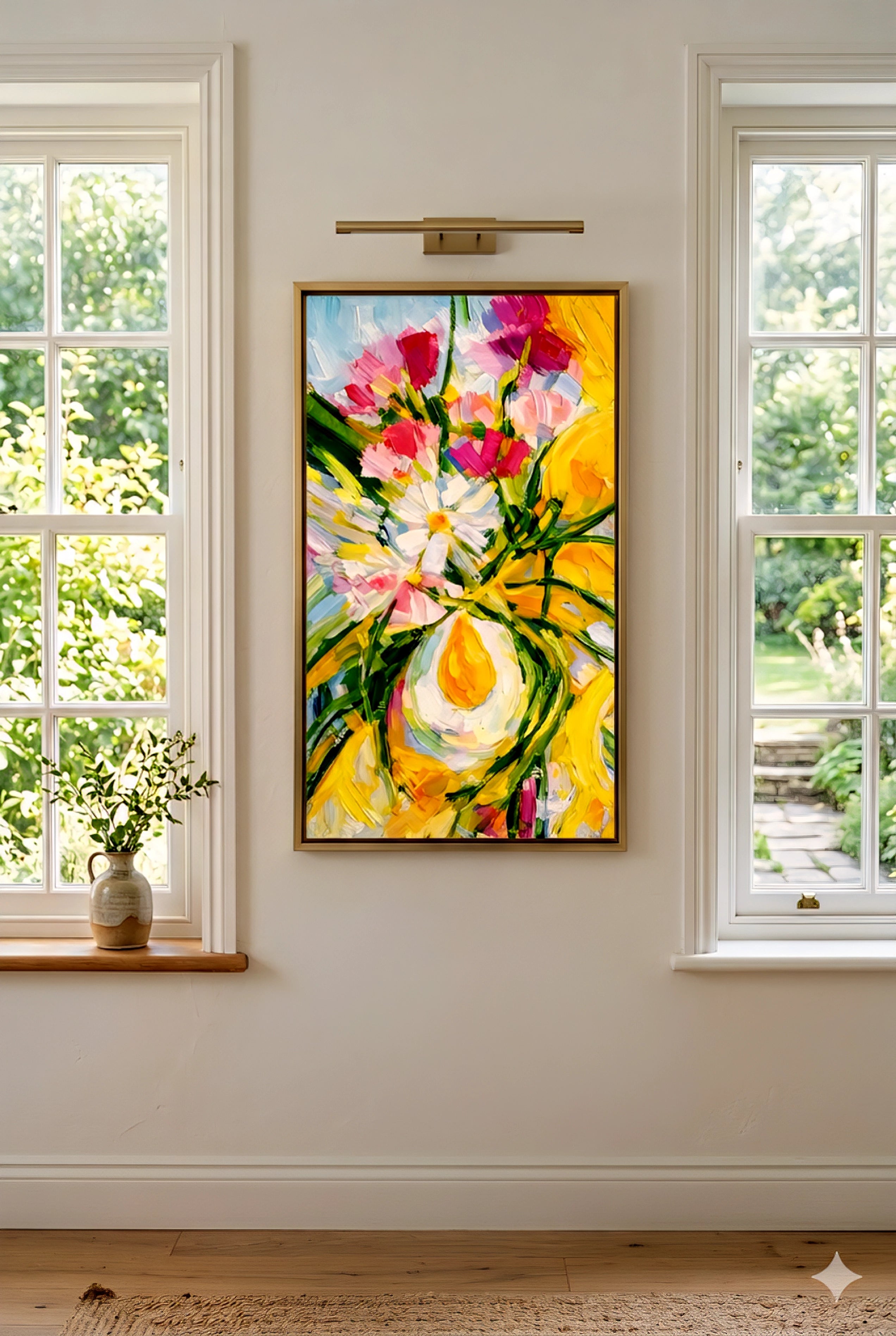 Large yellow and pink floral abstract wall art hung between bright windows with natural light, greenery views, and minimal styling, creating a clean, airy modern decorinspo look