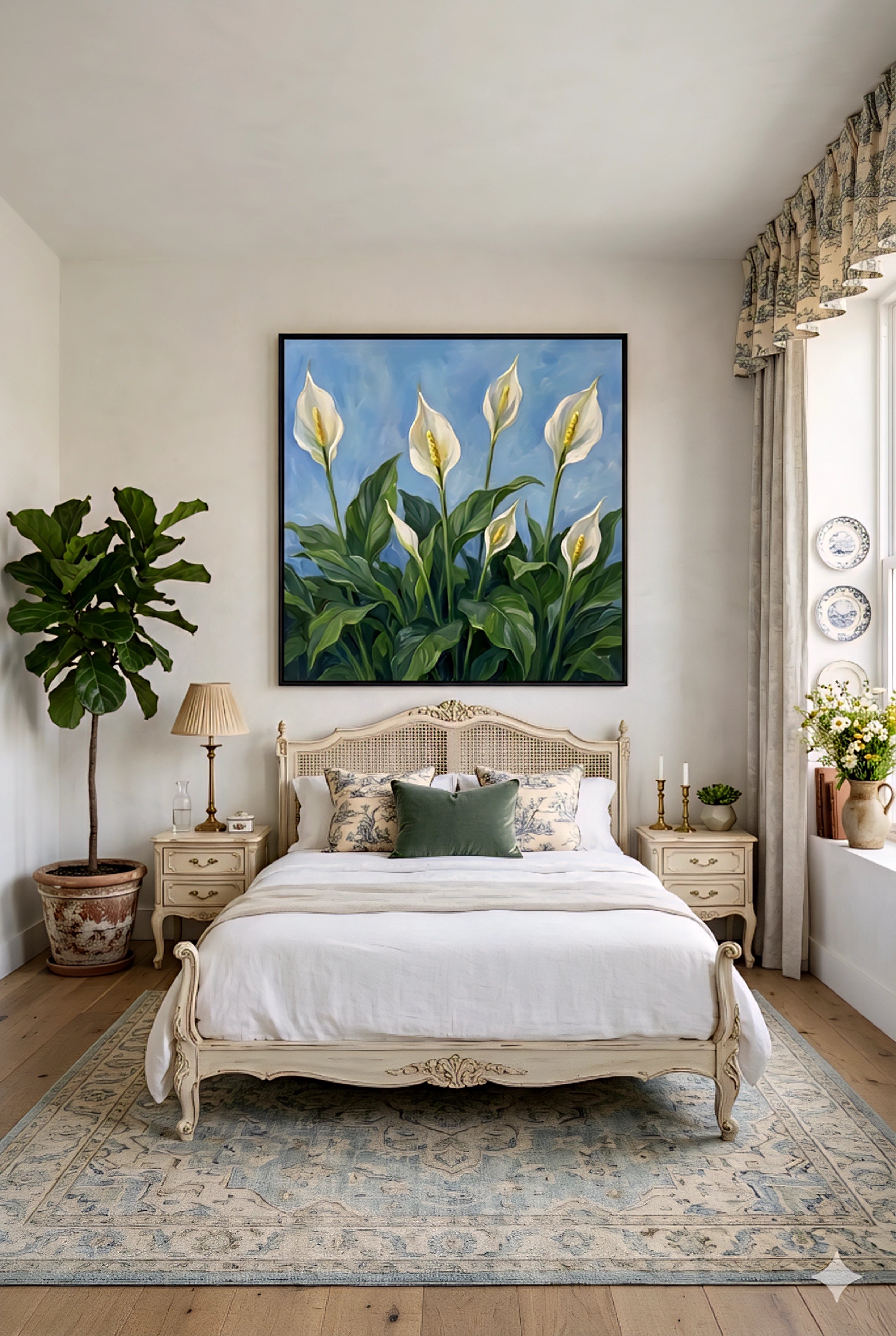 Framed peace lily botanical wall art with white blooms and green leaves on a blue background styled above a bed in a classic elegant bedroom, printable digital download