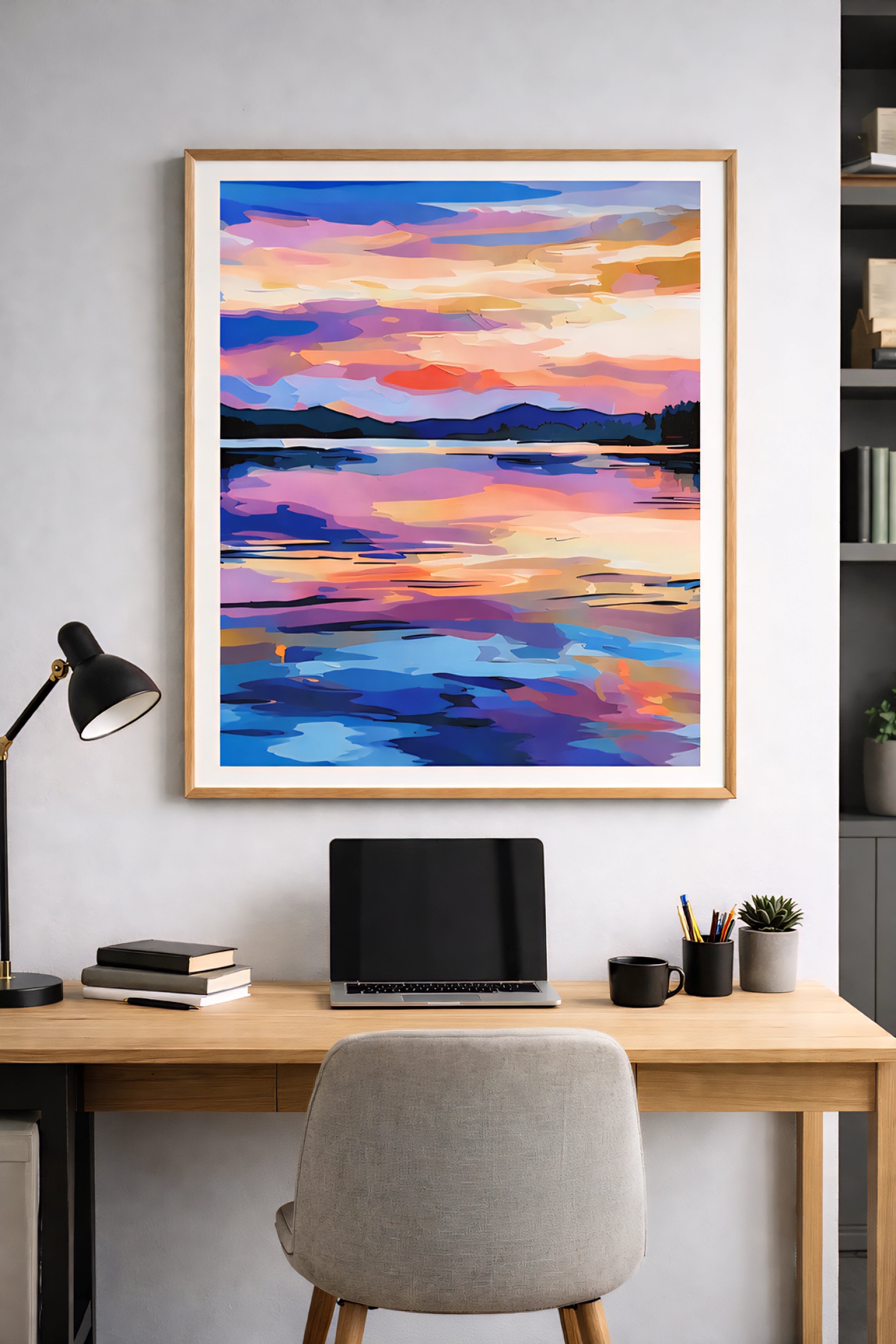 Framed colorful abstract sunset lake wall art above modern desk setup in home office, printable digital download decor