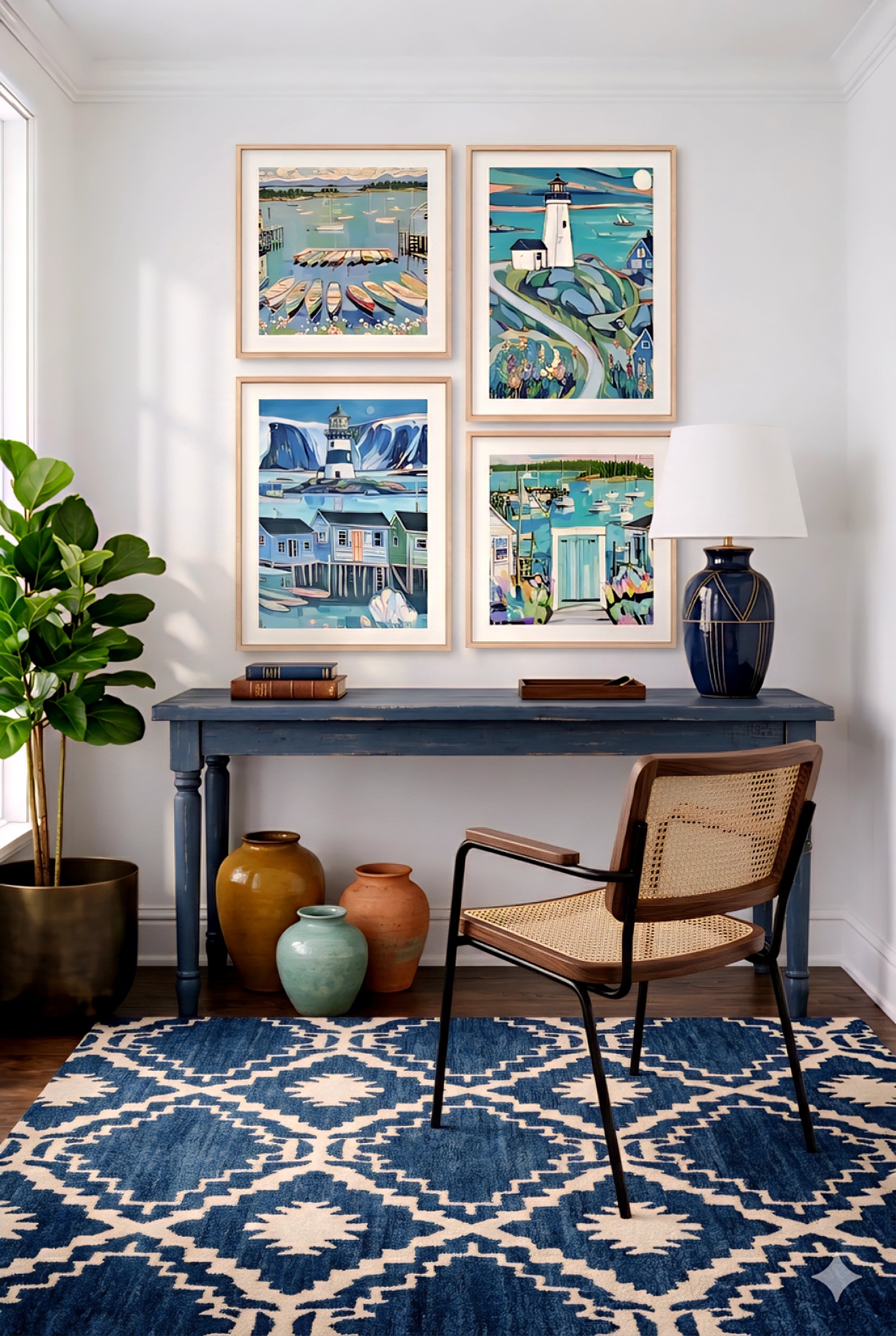 Coastal wall art set of 4 digital downloads featuring lighthouse, harbor boats, and seaside village scenes in layered blue tones, styled above a navy console table with woven chair and patterned rug for elevated coastal decorinspo home styling