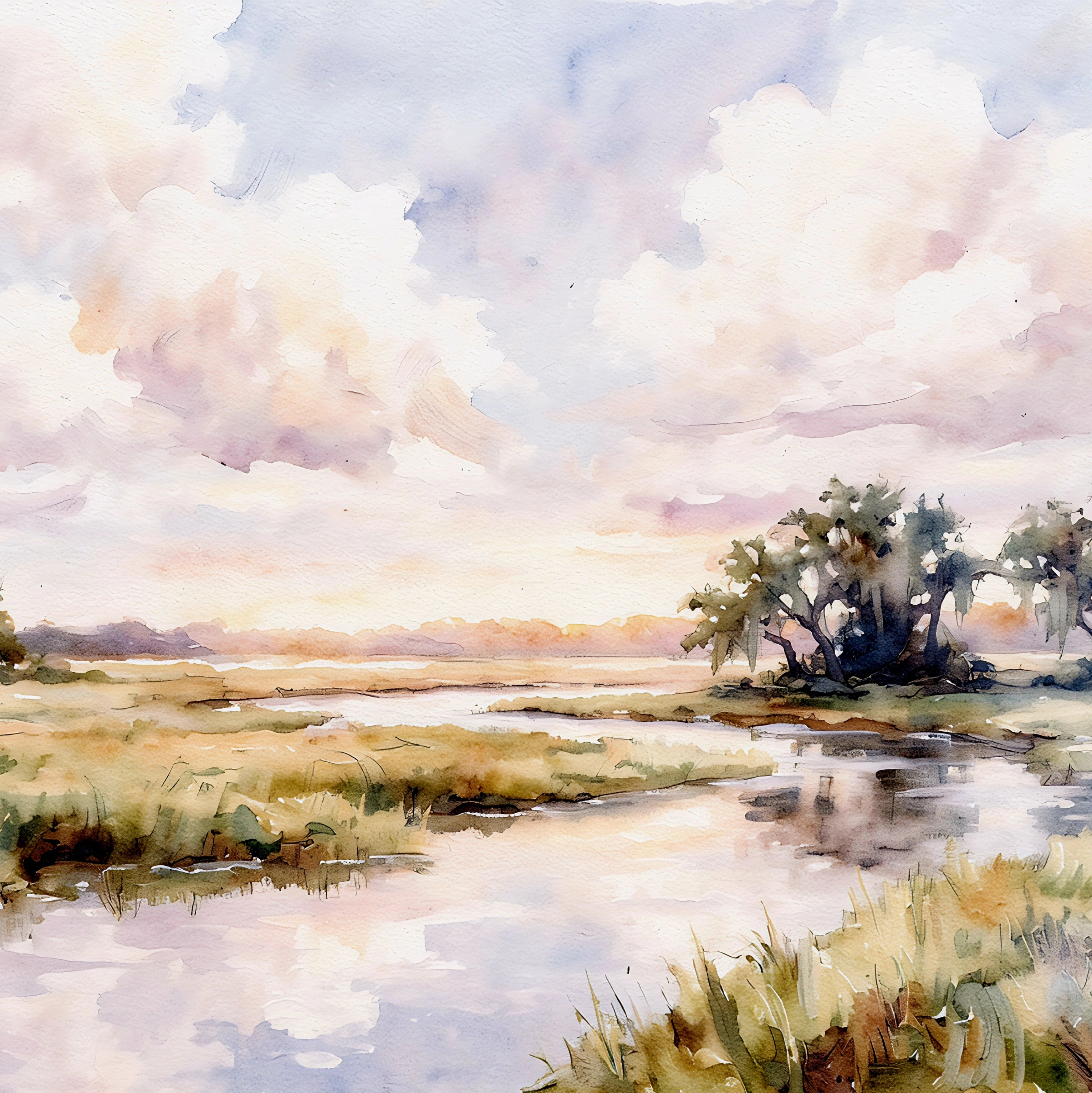 Soft watercolor coastal marsh landscape with winding creek, grasses, and pastel sky, digital wall art print download.