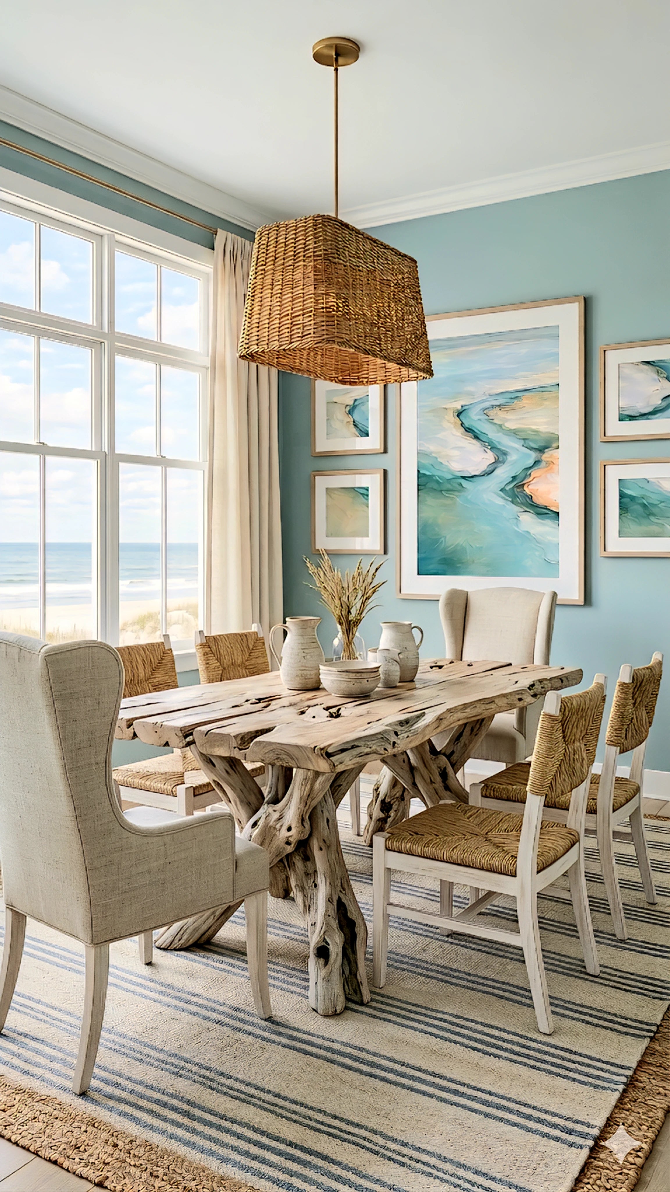 Coastal dining room with gallery wall of ocean prints, rustic wood table, woven chairs and beach view window