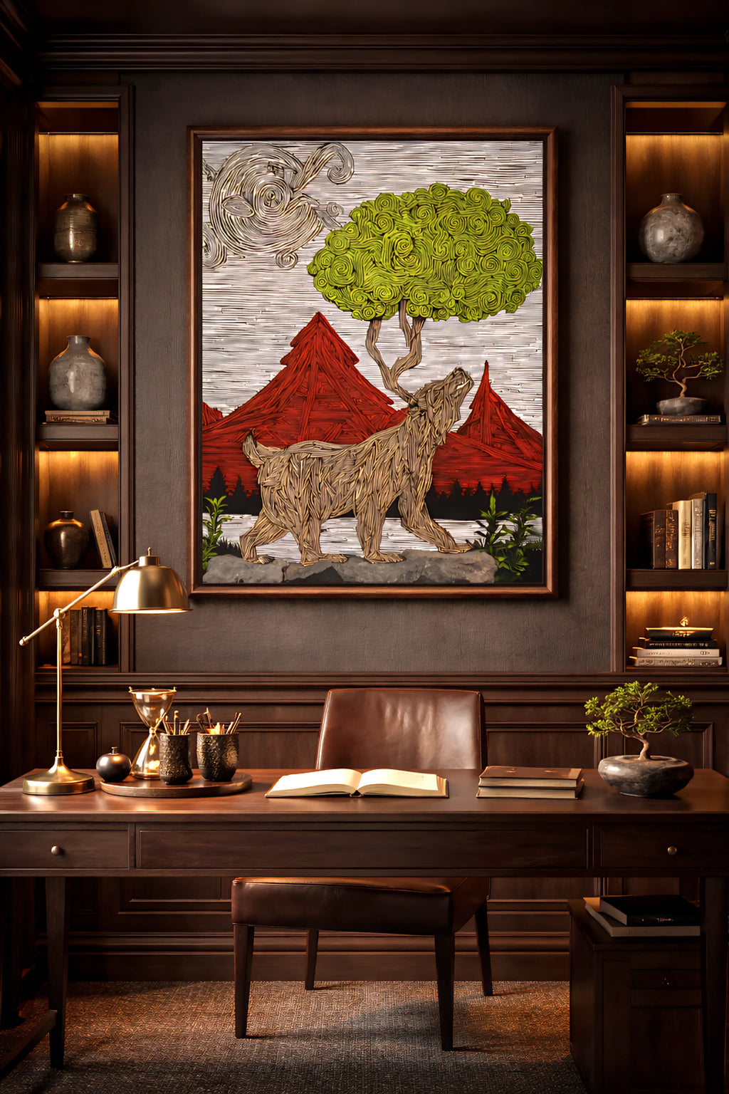 Decorative office with a large framed artwork of a bear and trees on a mountain, wooden desk, and chair.
