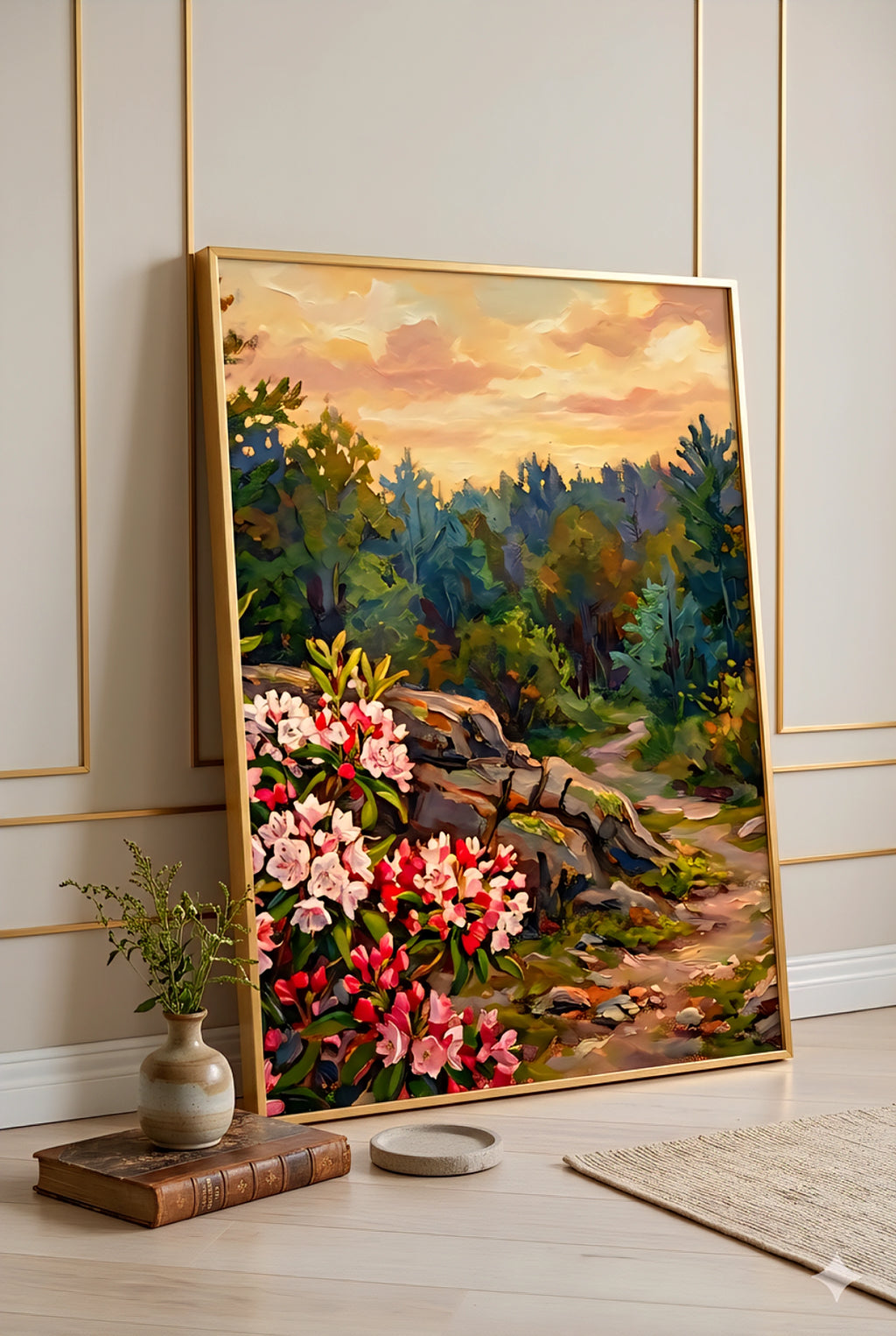 Savvy Places framed digital print of a landscape with flowers and a sunset on a wall.
