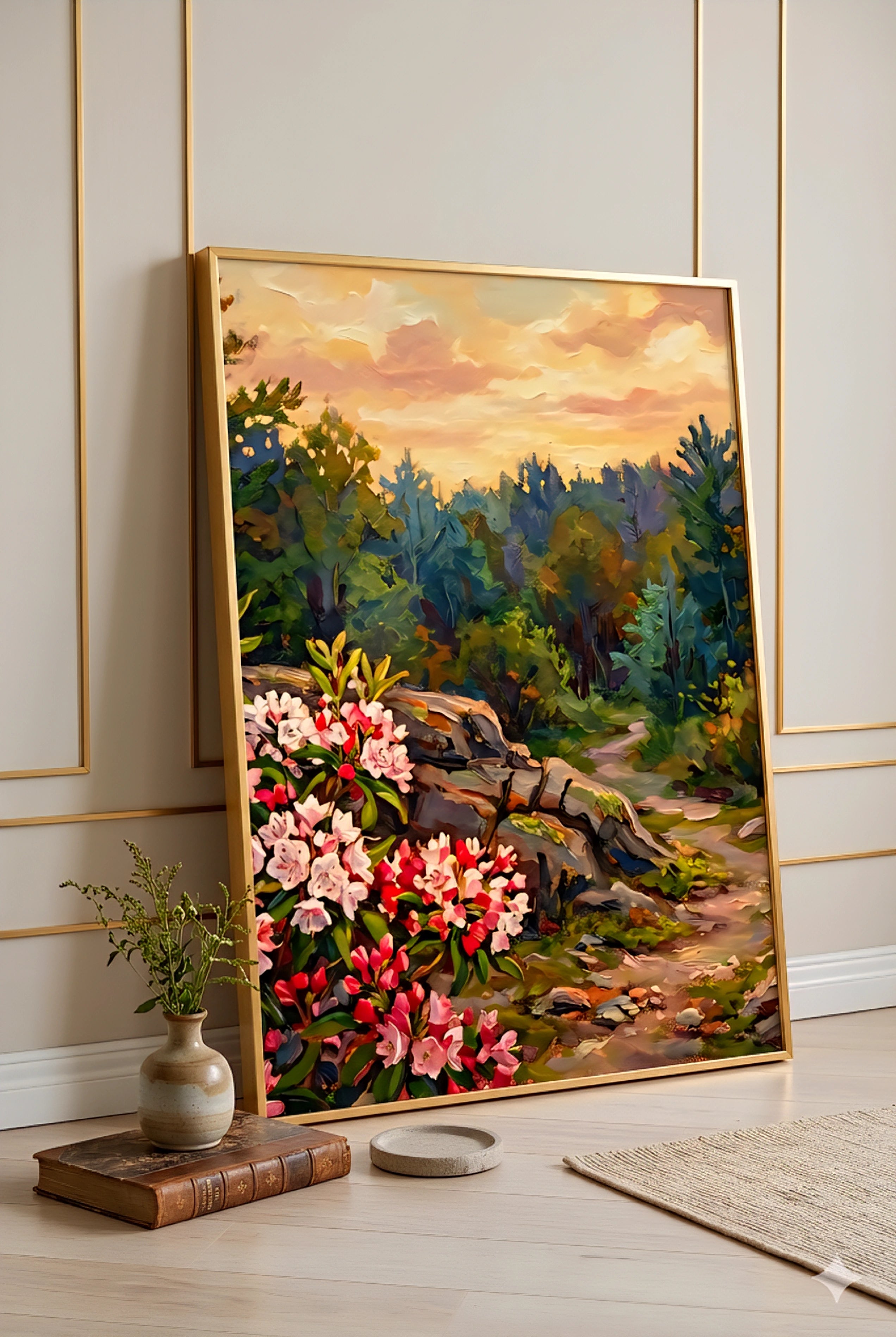Savvy Places framed digital print of a landscape with flowers and a sunset on a wall.