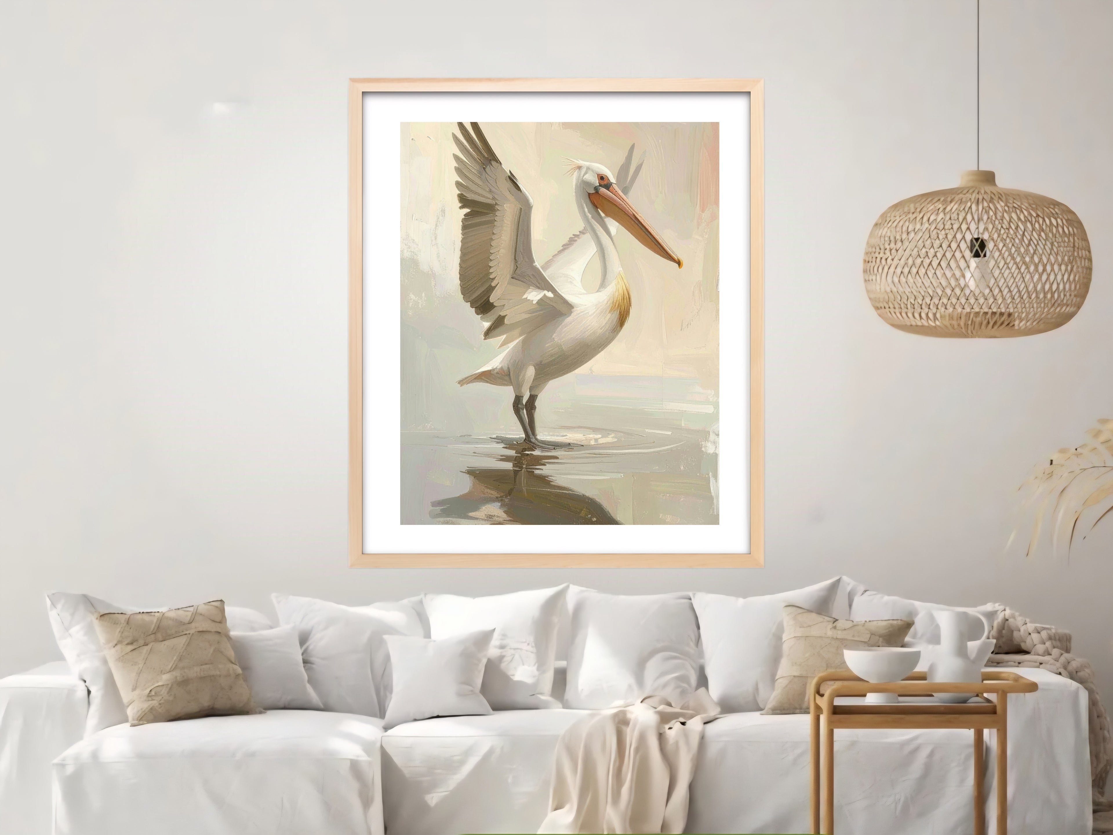 Framed artwork of a pelican on a wall above a white sofa with decorative pillows.