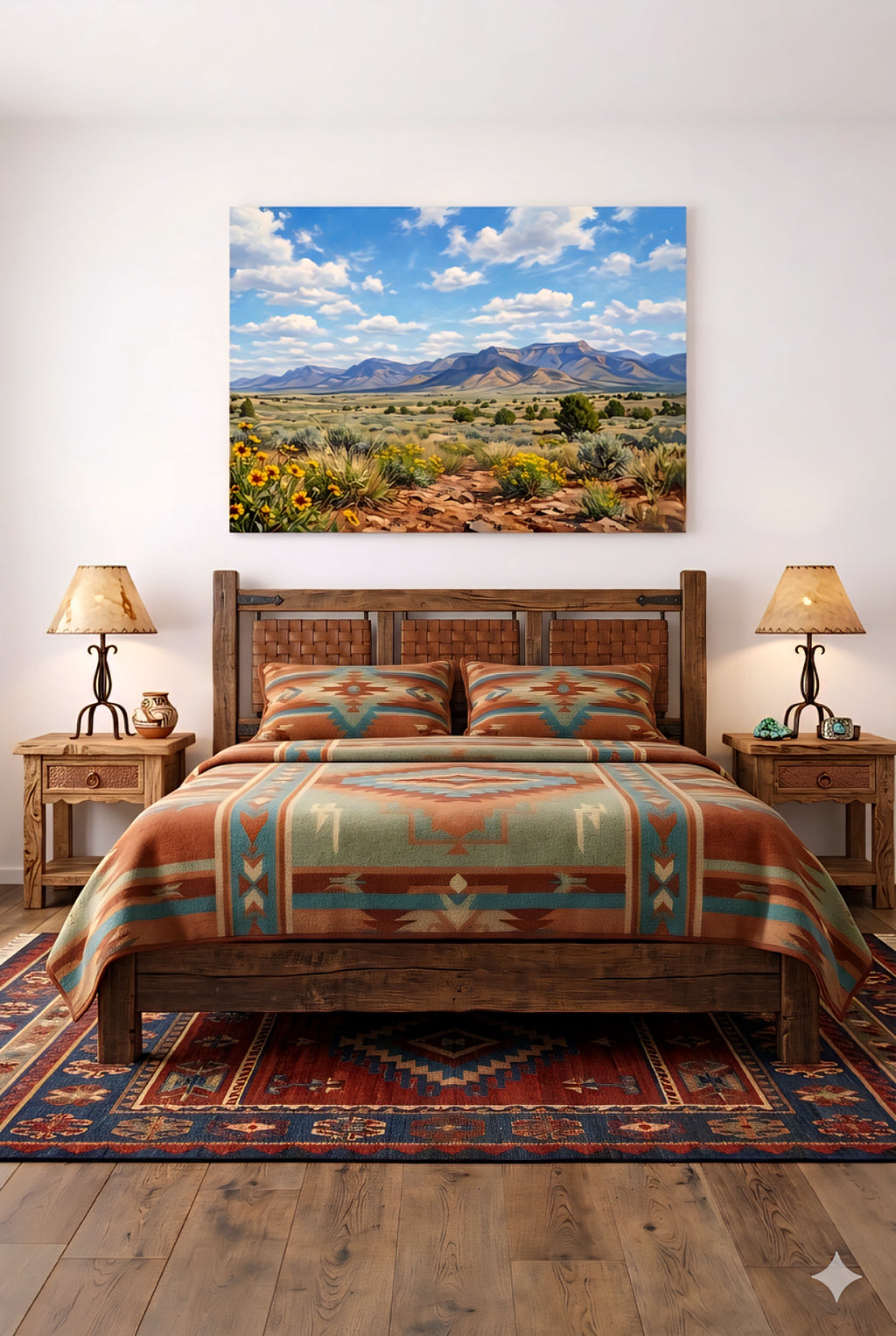 Desert mountain landscape wall art above rustic bed, southwest bedroom decor with earthy tones and western style bedding
