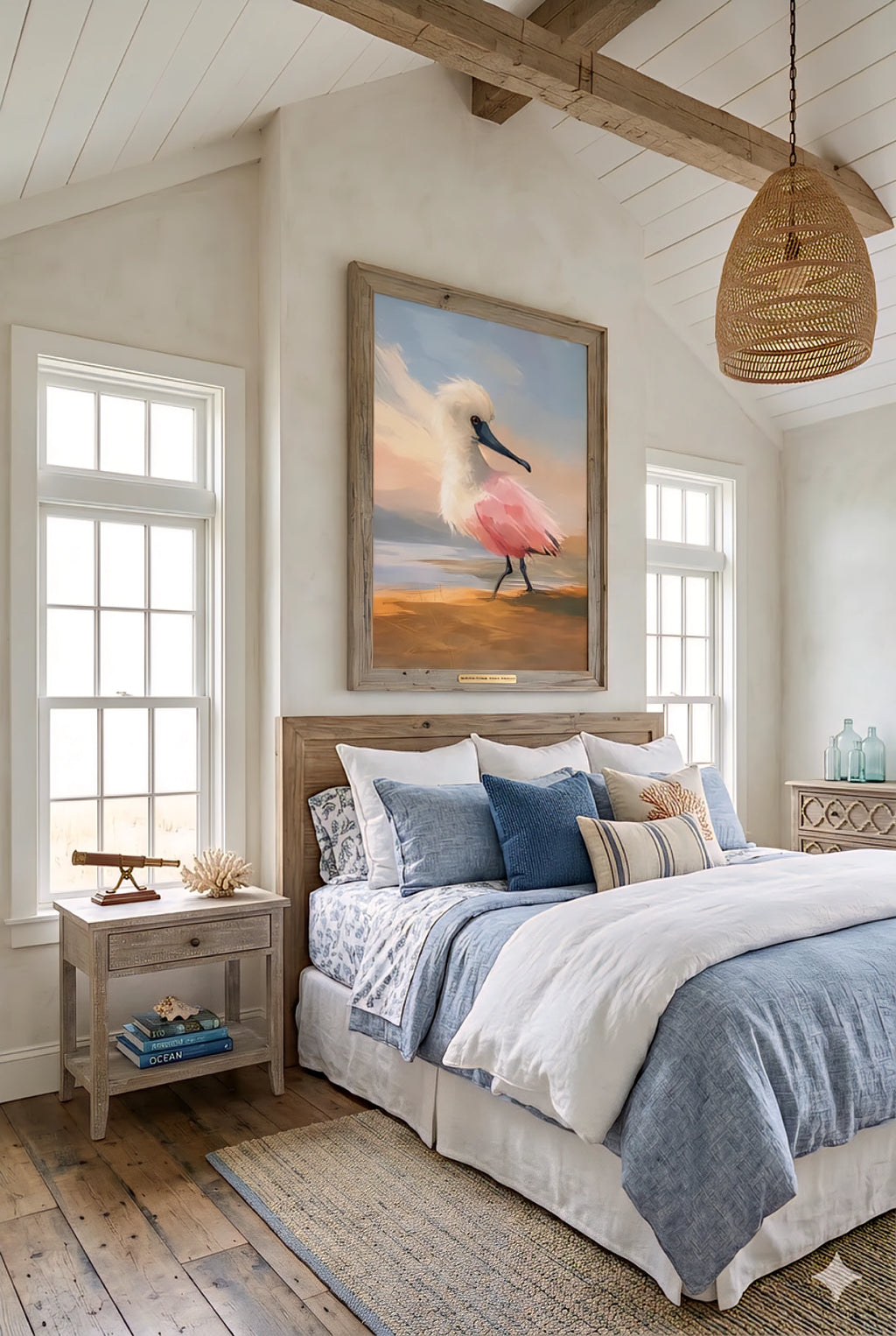 Coastal bird wall art digital download in beach bedroom decorinspo, soft blue bedding, natural wood beams, neutral coastal interior styling, oversized framed artwork above bed