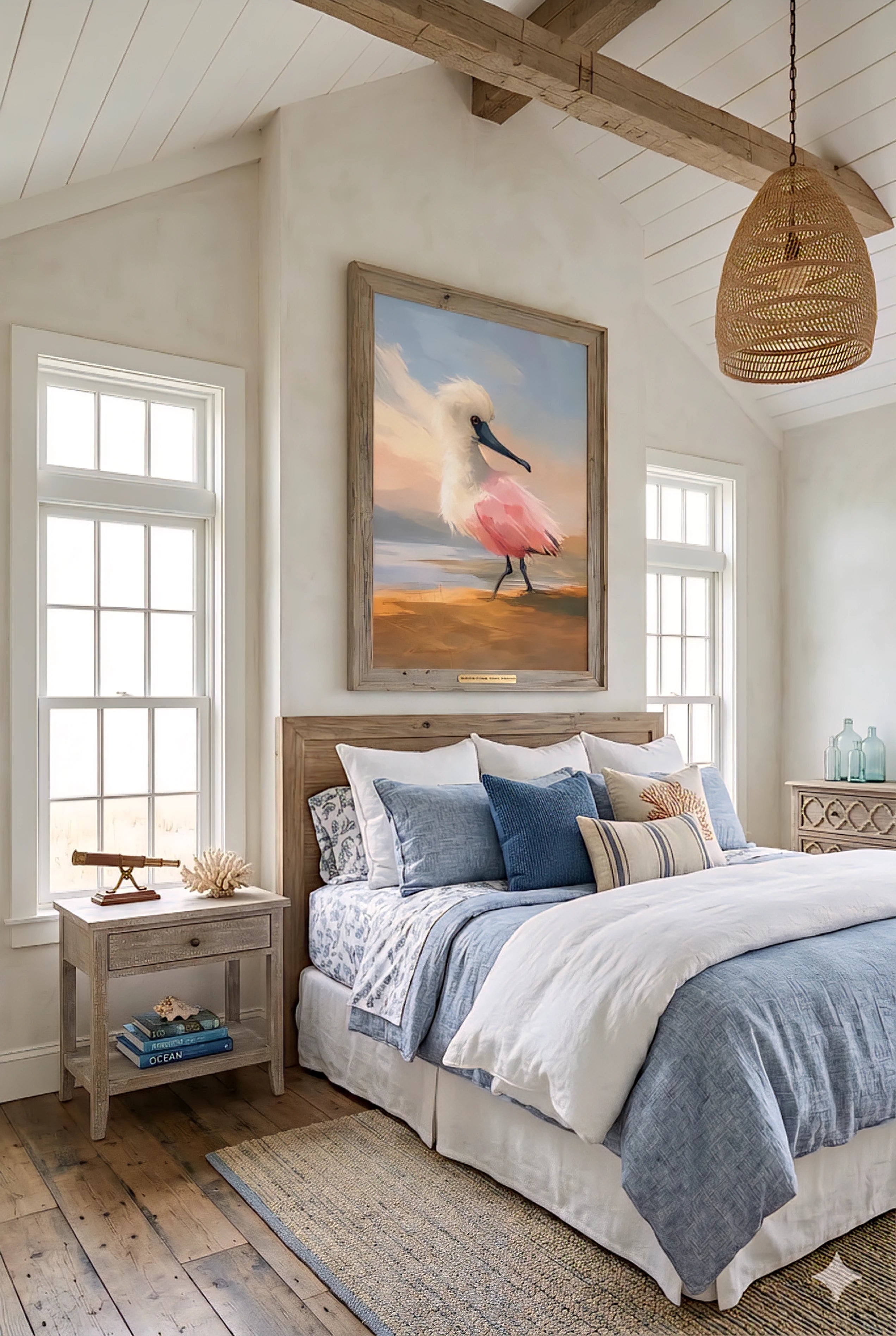 Coastal bird wall art digital download in beach bedroom decorinspo, soft blue bedding, natural wood beams, neutral coastal interior styling, oversized framed artwork above bed