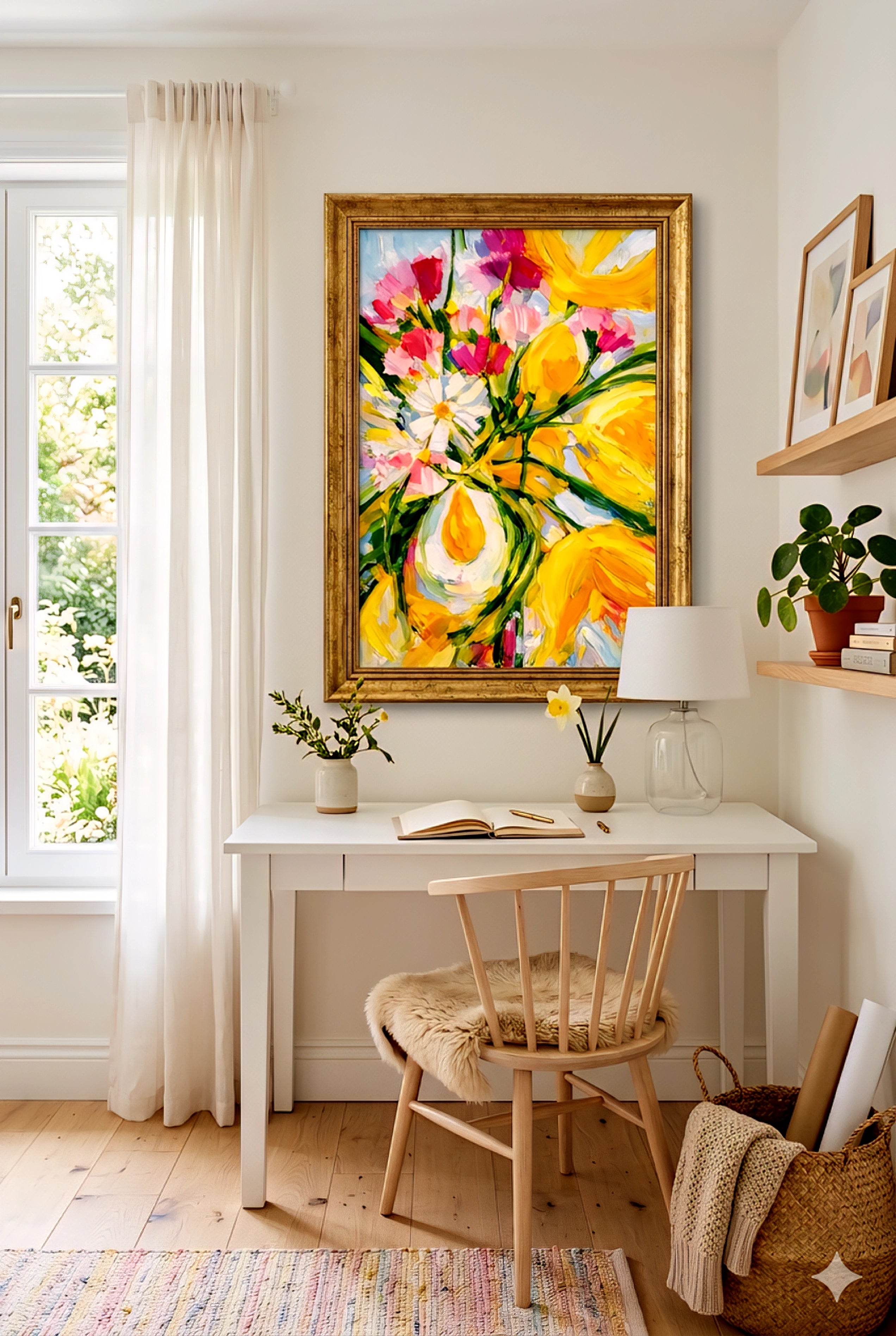 Yellow and pink floral abstract wall art in a gold frame above a minimal home office desk with light wood chair, soft textiles, and natural light, creating a warm, stylish decorinspo workspace