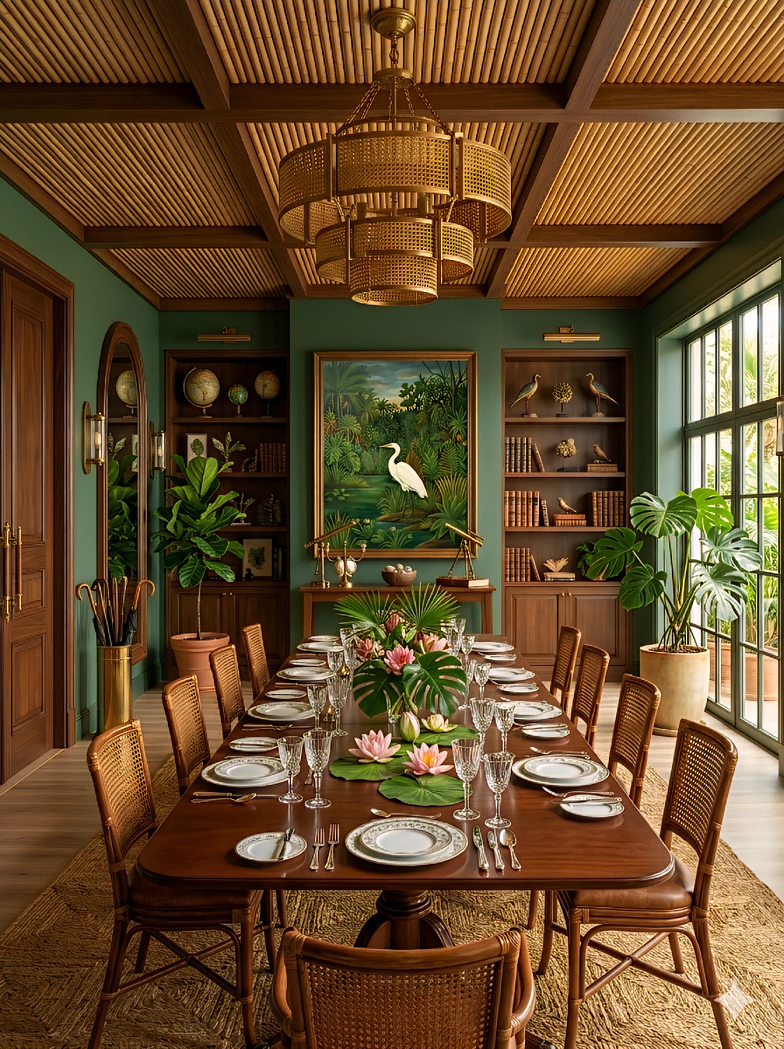 tropical dining room wall art with egret painting, green walls, rattan chairs, wood table, luxury jungle decor, large statement artwork in elegant dining space
