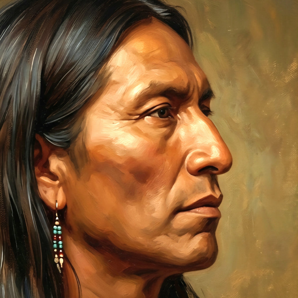 Close-up Native American profile square portrait with long dark hair, expressive facial details, and beaded earring in warm earthy tones on textured background