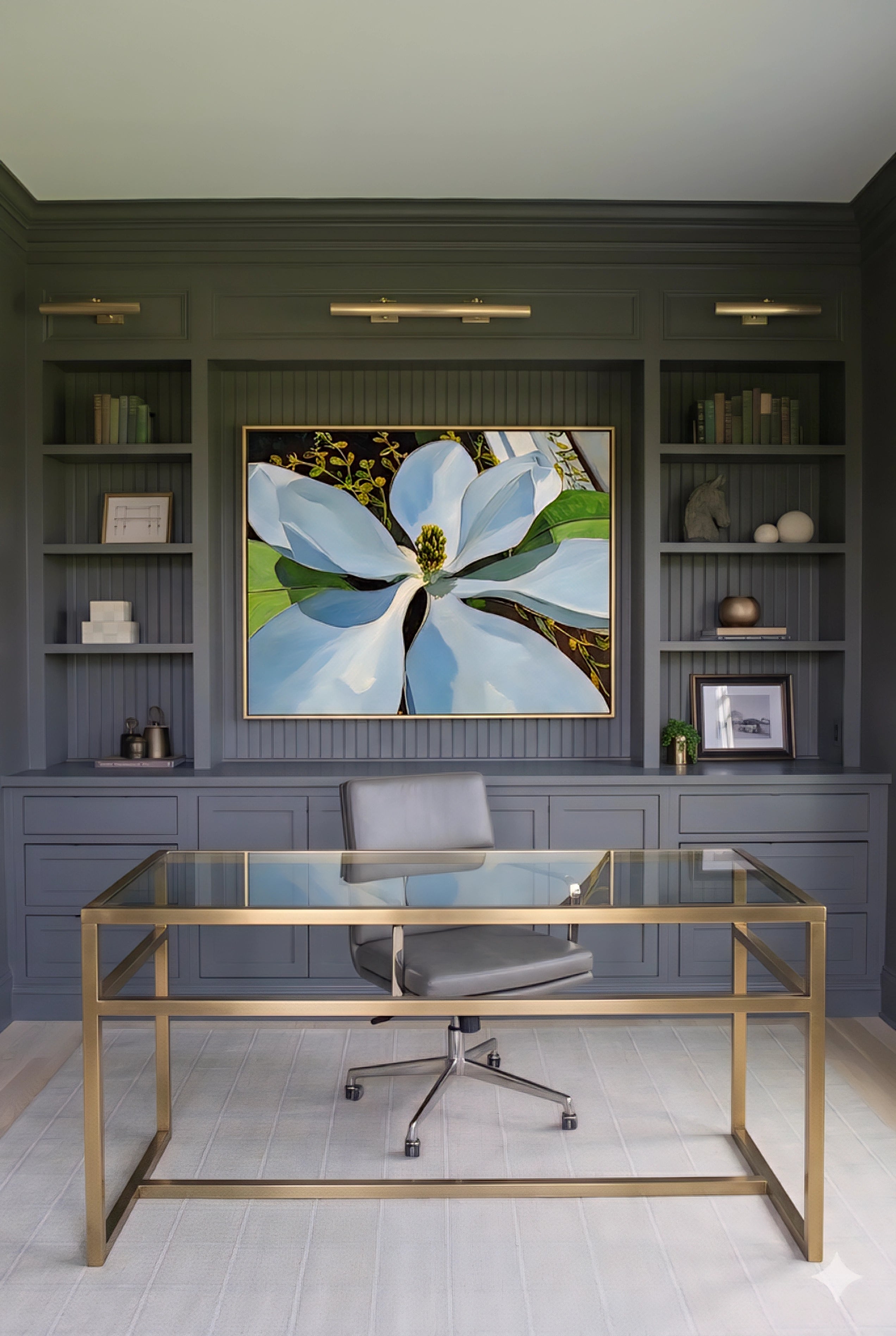 Magnolia wall art printable in modern home office, large white floral artwork above desk, botanical digital download, elegant workspace decor with built-in shelves, dark paneled walls and brass accents