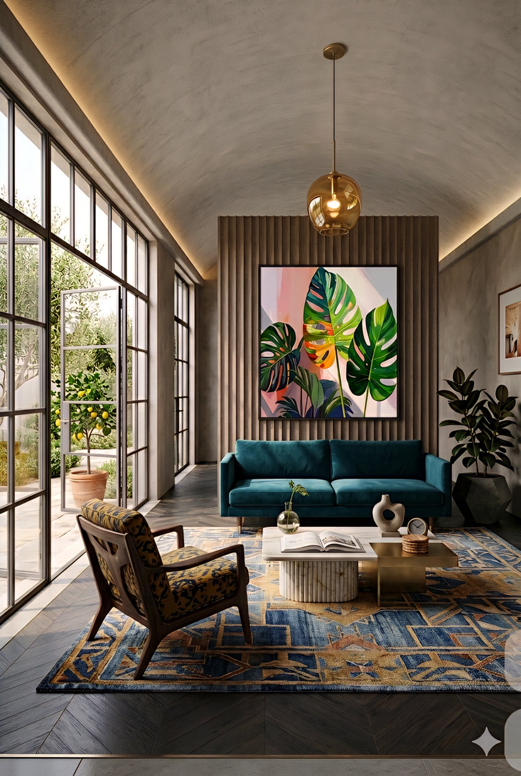 Bold contemporary tropical leaf wall art displayed in a modern living room with vaulted ceiling, large windows, and a teal sofa