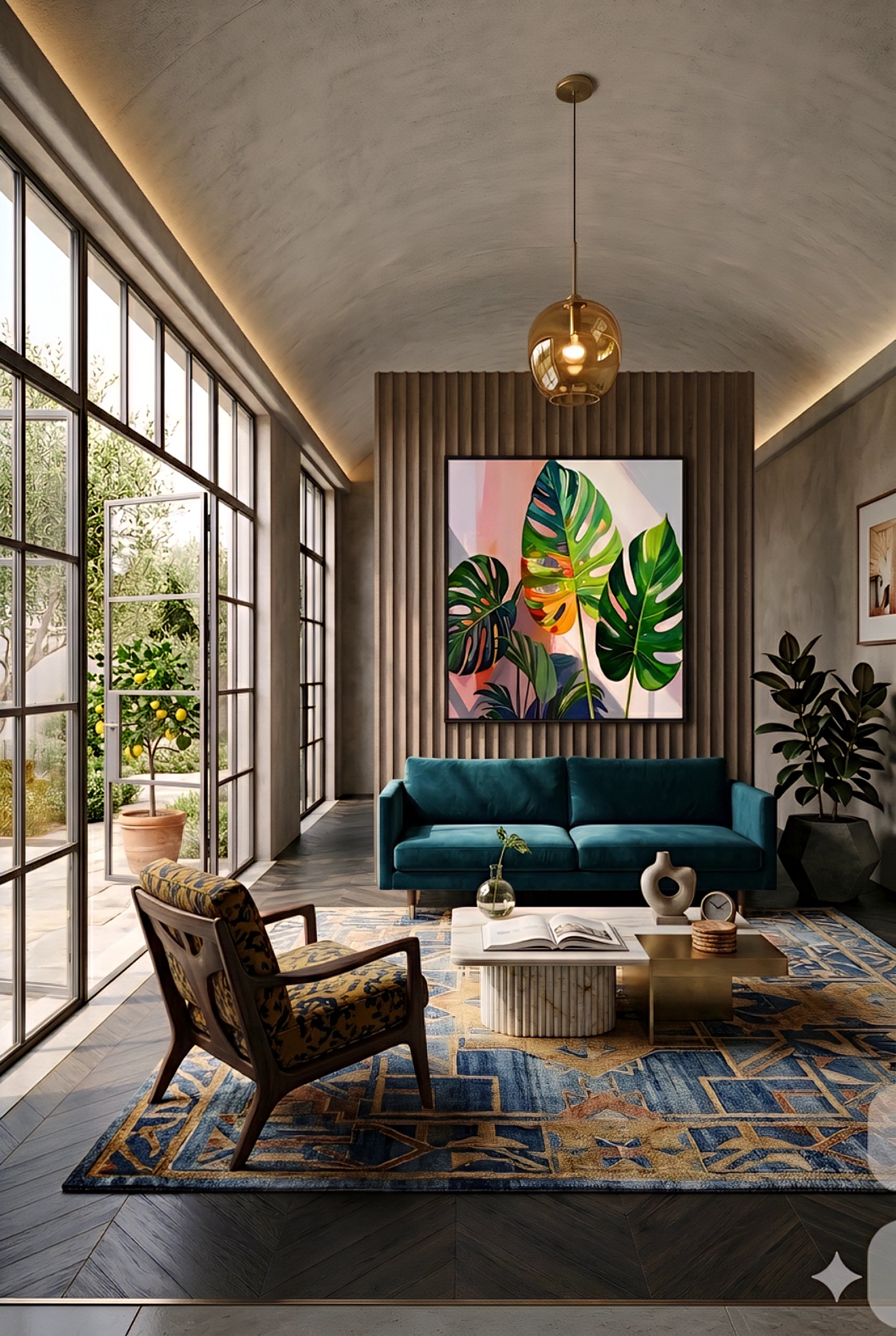 Bold contemporary tropical leaf wall art displayed in a modern living room with vaulted ceiling, large windows, and a teal sofa