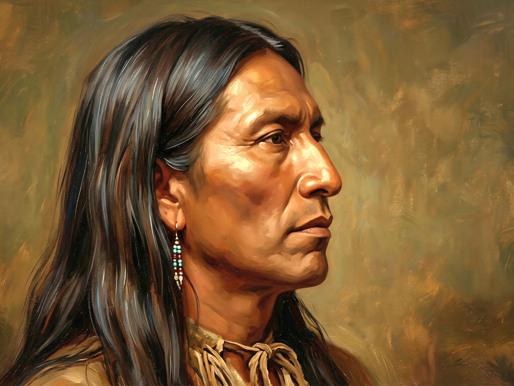 Native American man horizontal portrait painting in profile with long dark hair, beaded earring, and warm earthy tones on textured background