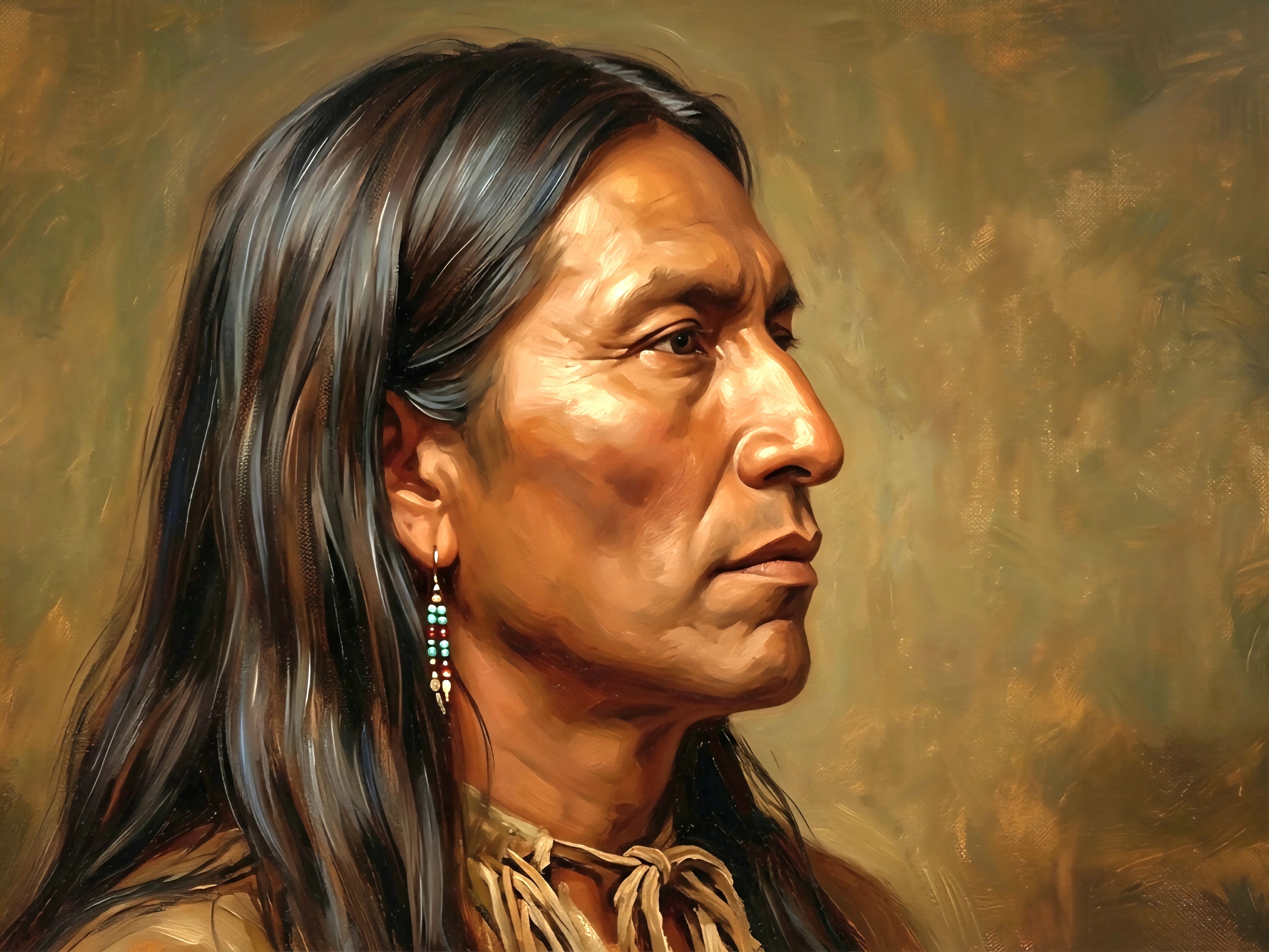 Native American man horizontal portrait painting in profile with long dark hair, beaded earring, and warm earthy tones on textured background