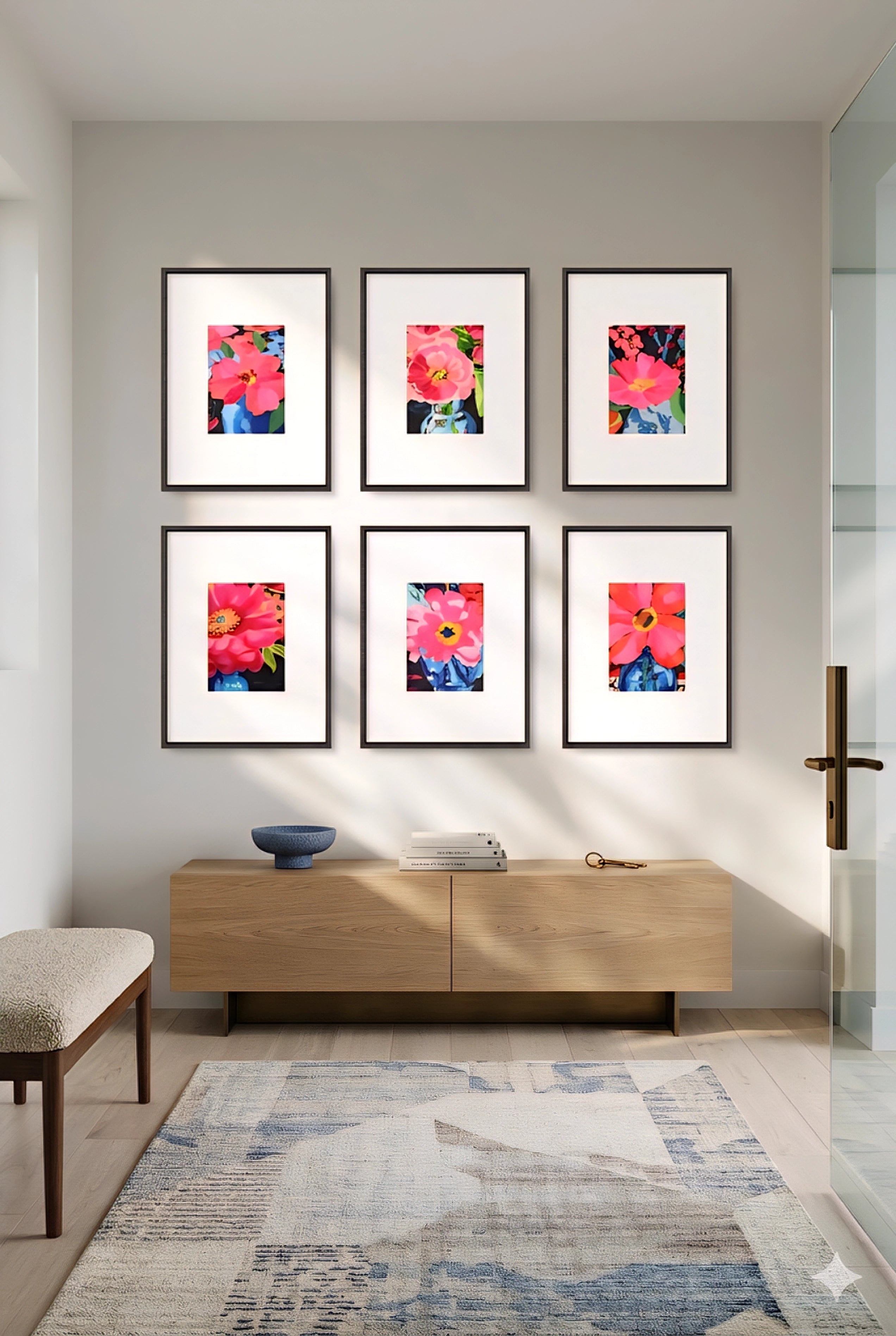 Minimal entryway with six pink pop art flower prints in black frames arranged in a clean grid above a floating wood console, styled with soft natural light and neutral decor