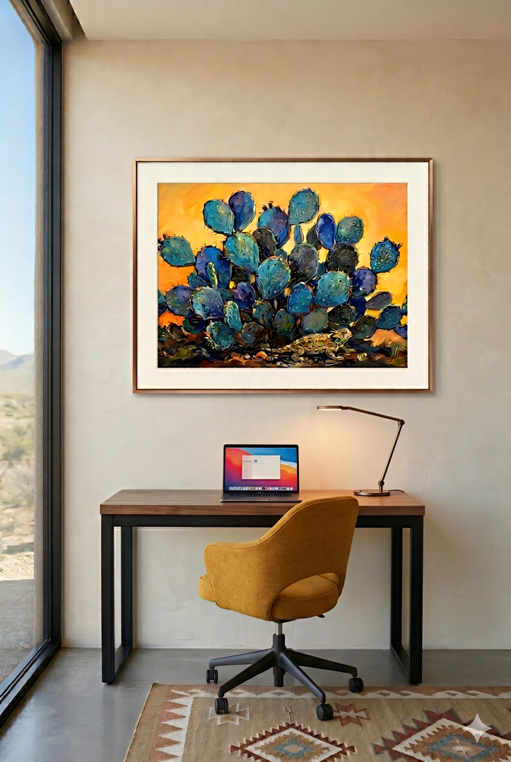 Blue cactus wall art in horizontal frame above modern desk, Southwestern prickly pear painting in minimalist home office with desert view and warm neutral tones