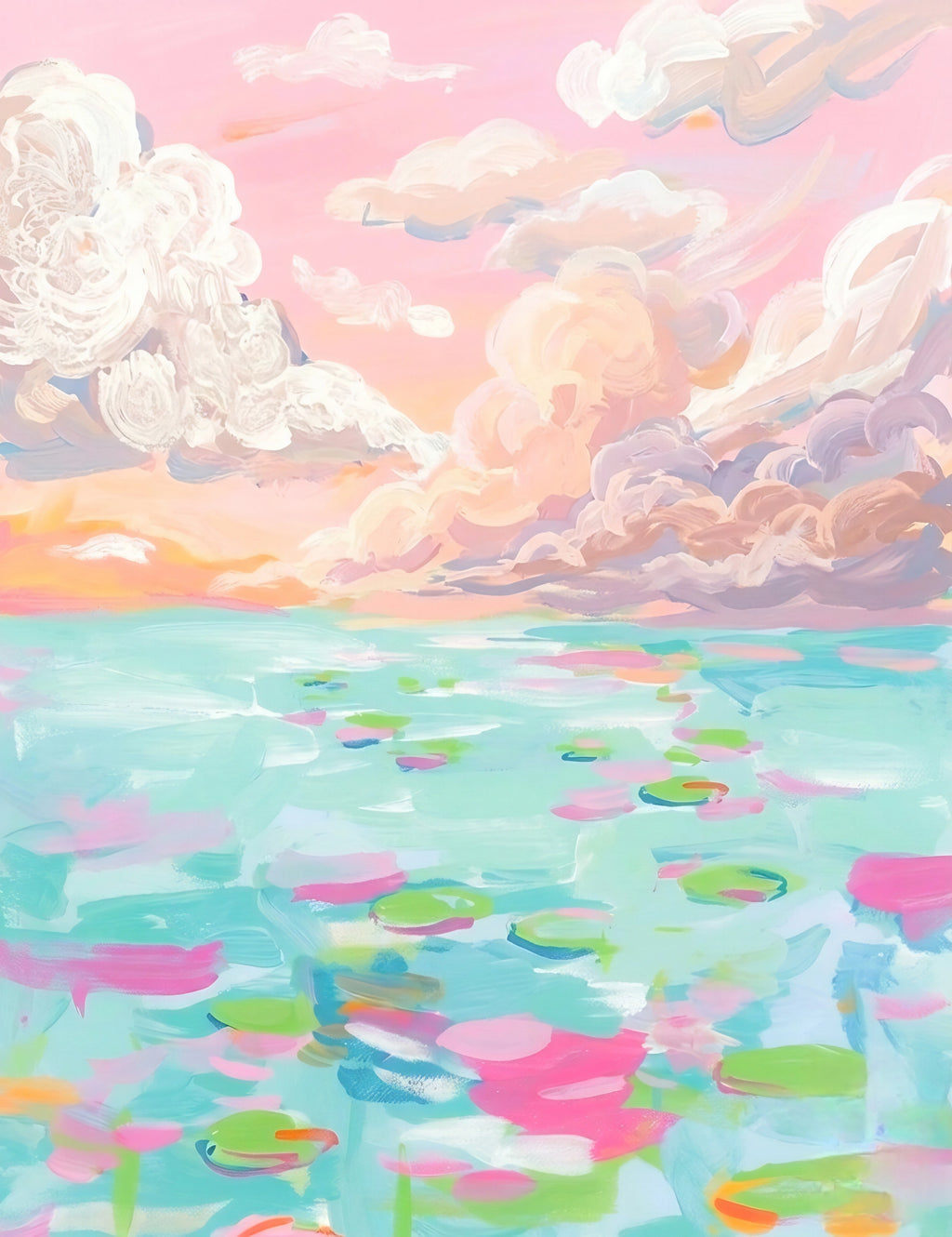 Digital download coastal ocean sunset art in pastel colors, abstract seascape with soft clouds for gallery wall set