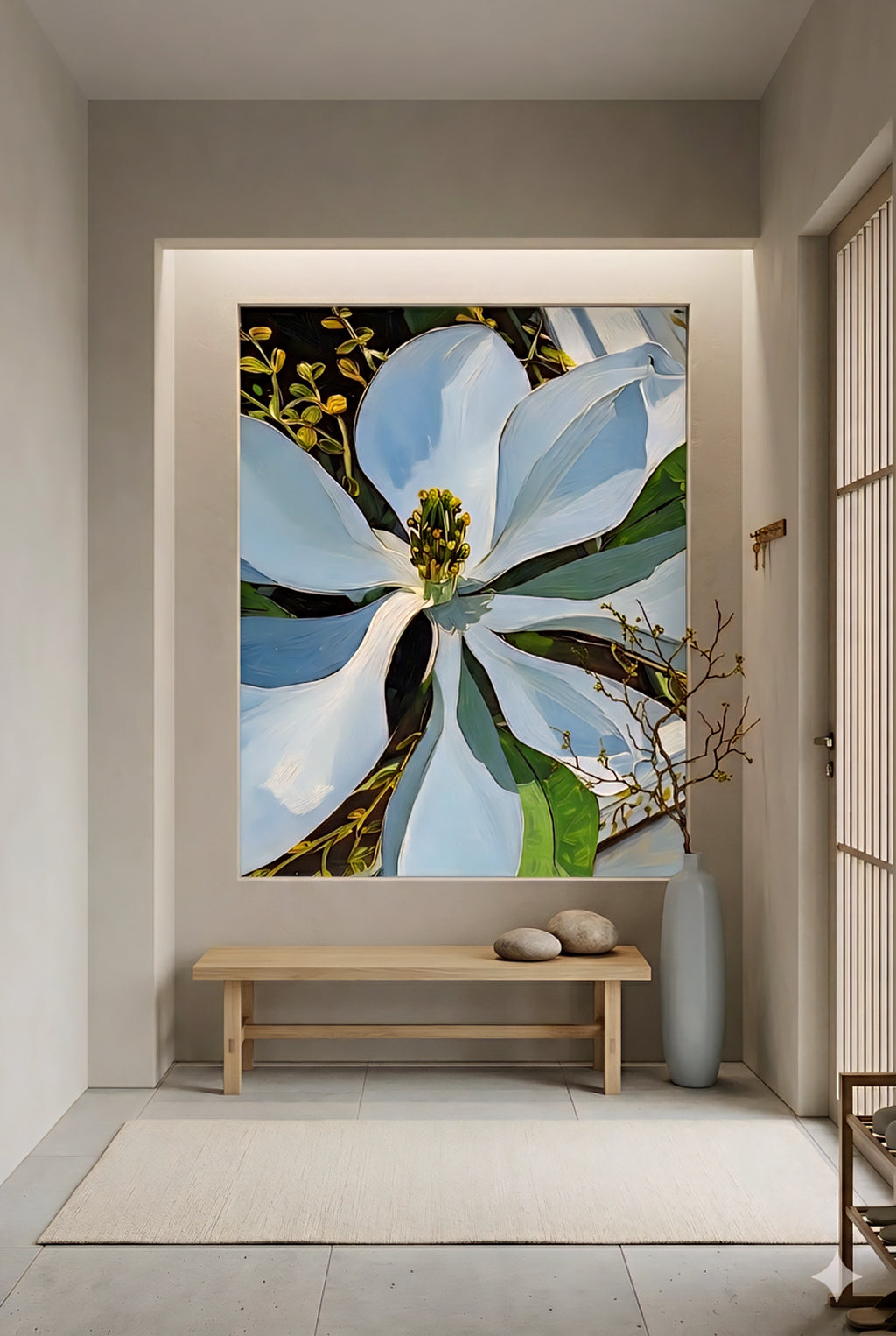 Magnolia flower wall art printable in entryway niche, large white floral artwork statement piece, botanical digital download, modern minimalist decor with neutral tones, wood bench and sculptural styling