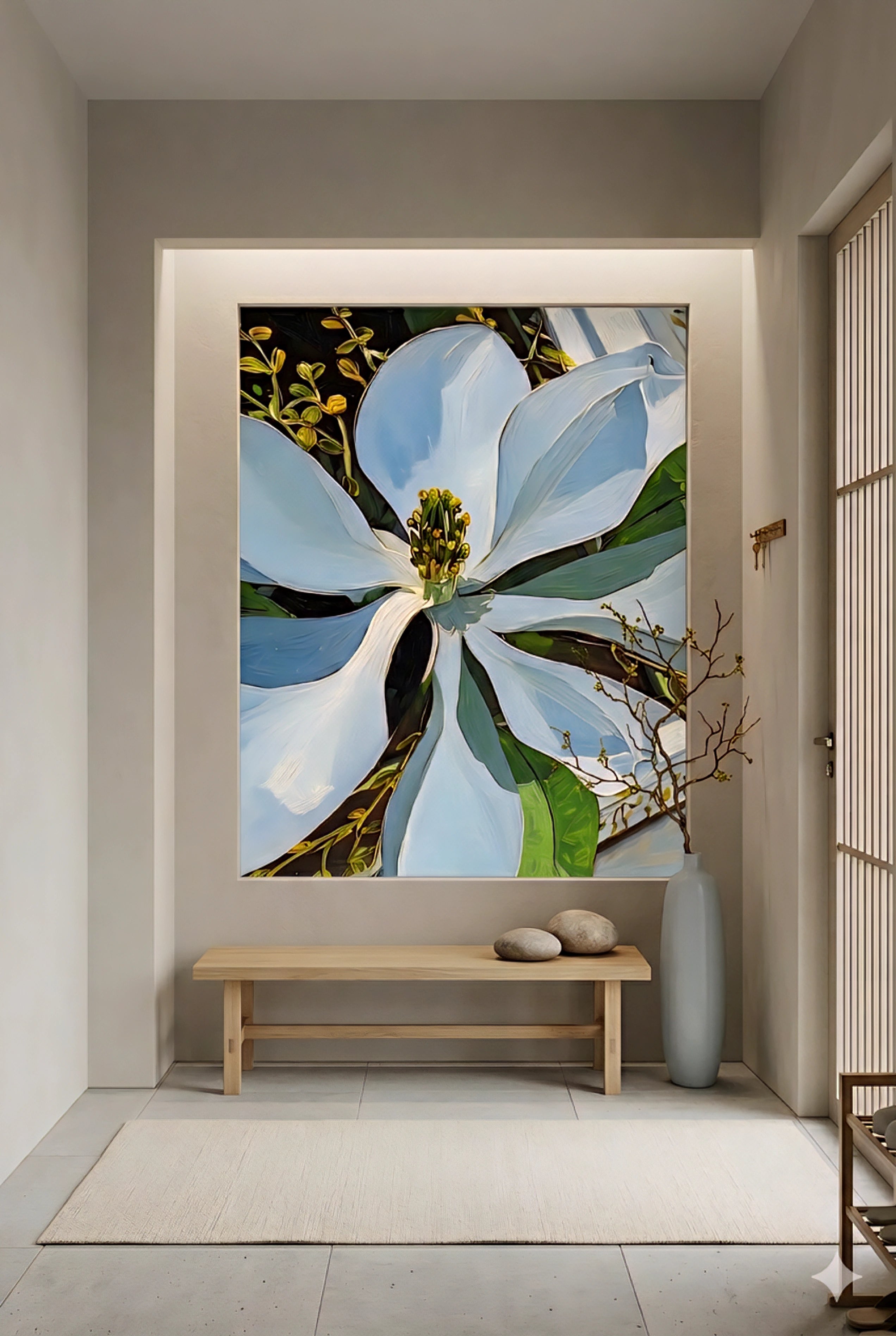Magnolia flower wall art printable in entryway niche, large white floral artwork statement piece, botanical digital download, modern minimalist decor with neutral tones, wood bench and sculptural styling