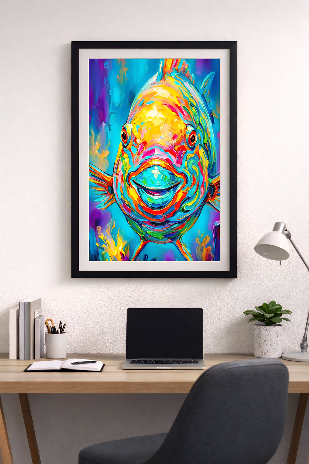 Colorful parrotfish wall art in bold neon tones displayed in a black frame above a modern desk, vibrant tropical fish artwork adding a striking focal point to a clean home office with minimal decor and natural light.