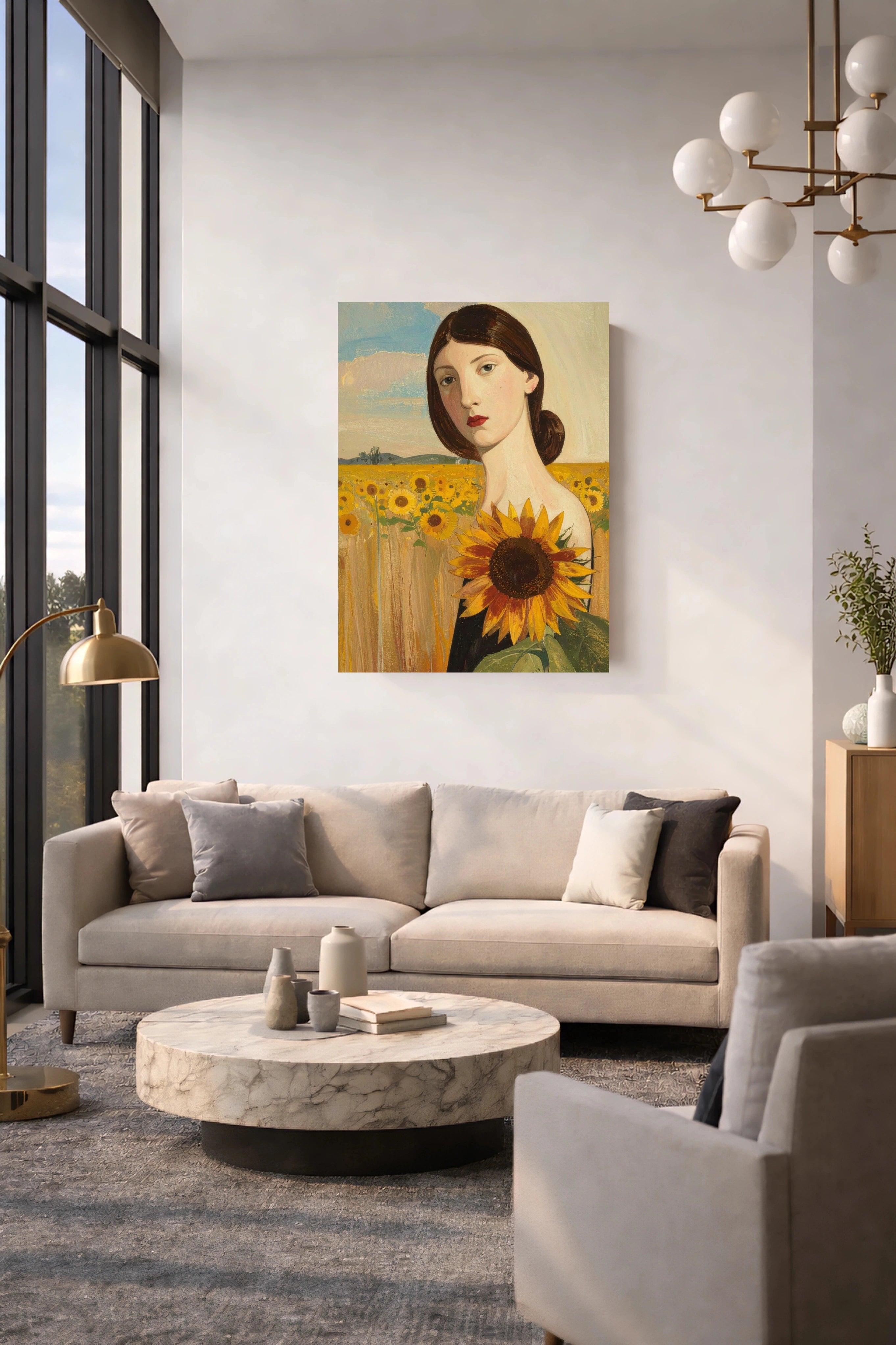 Modern living room with a digital  painting of a woman with sunflowers on the wall.