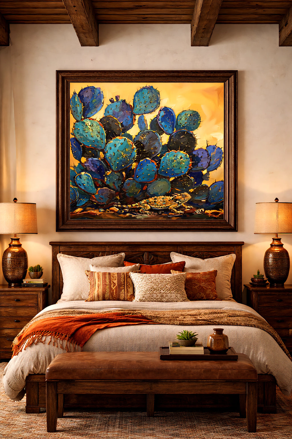 Blue cactus wall art above bed in rustic southwestern bedroom, prickly pear desert painting in large wood frame with warm earth tones and cozy modern decor