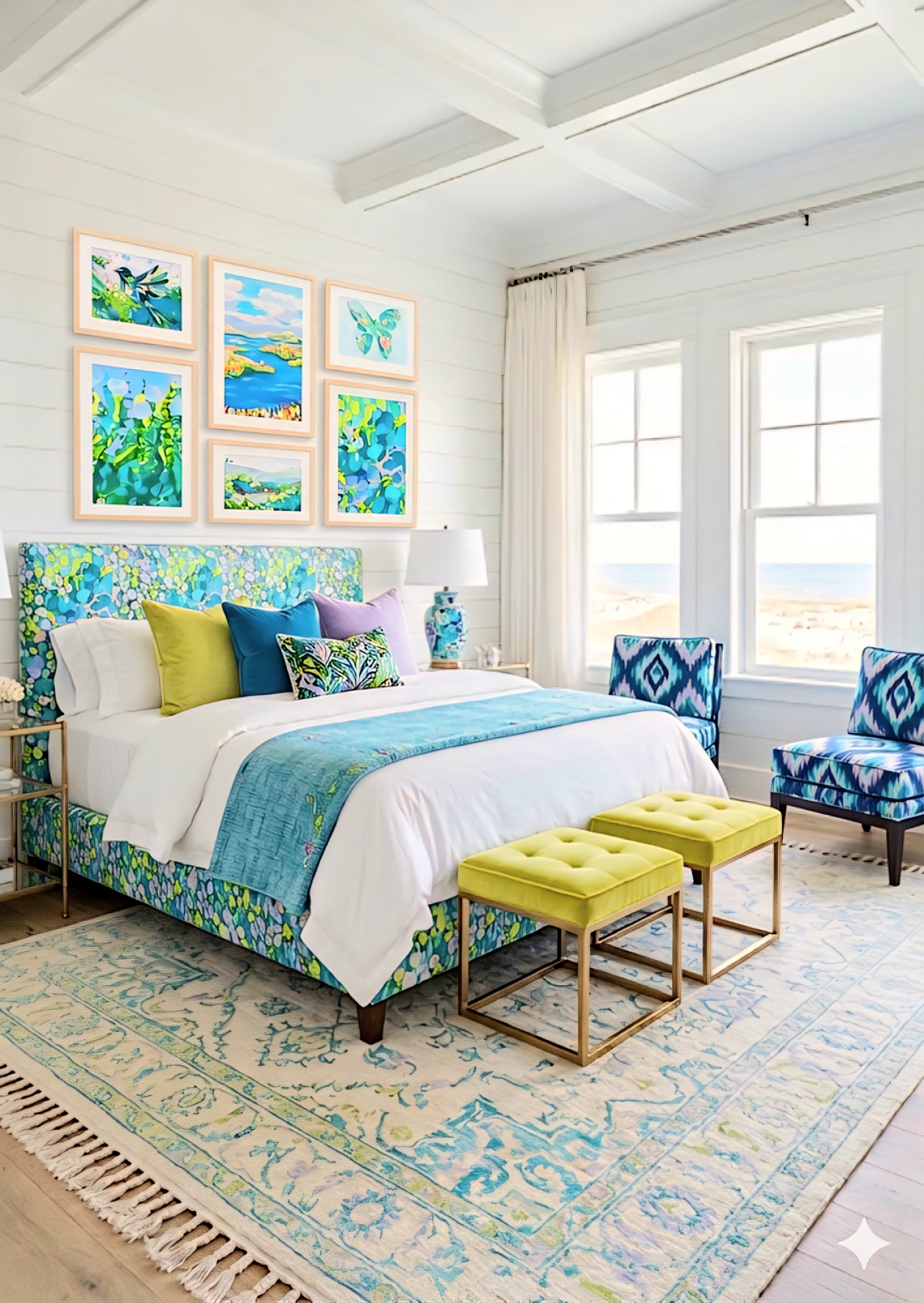 coastal gallery wall printable set styled above bed in bright beach house bedroom, blue green artwork creating fresh modern coastal decor look
