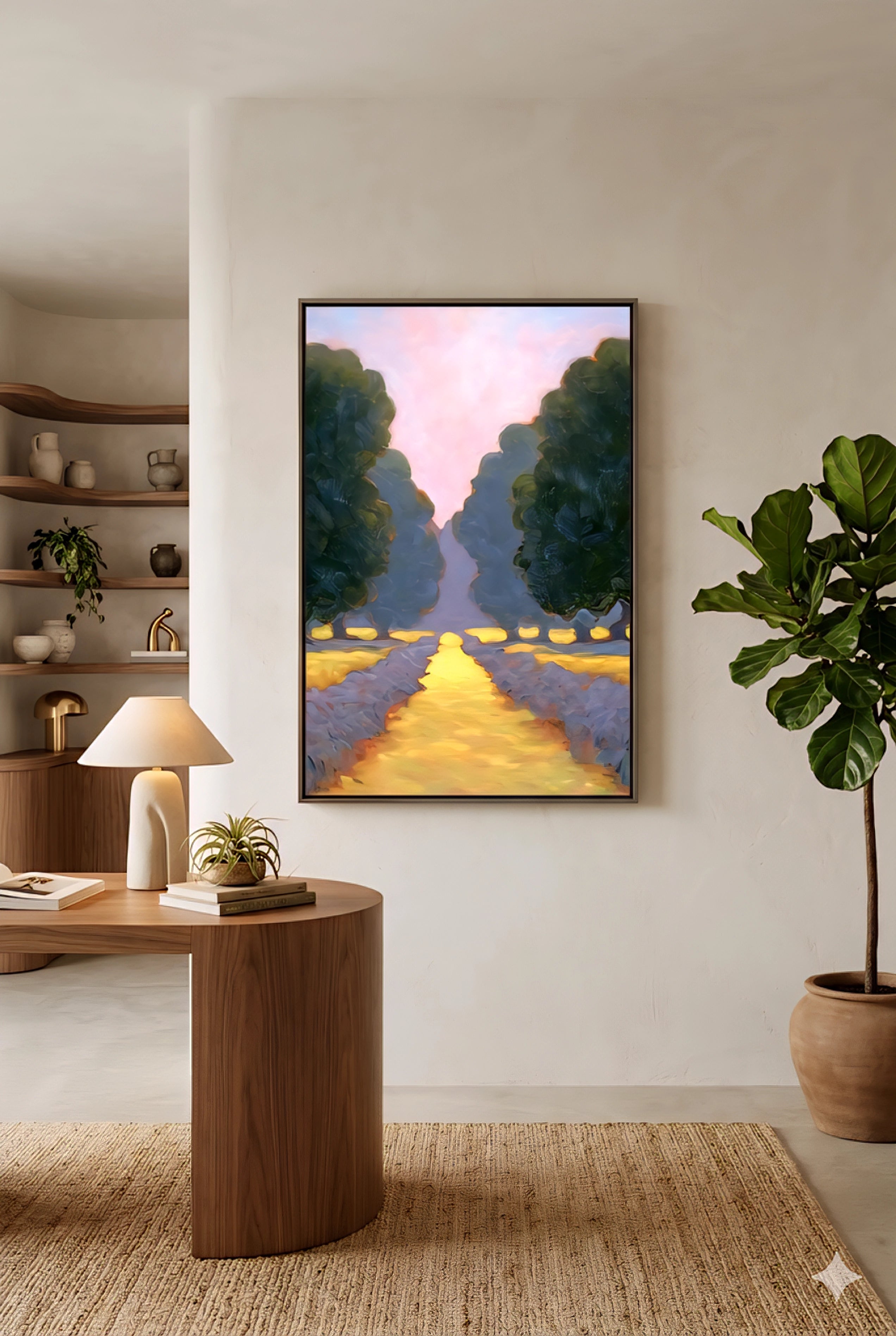 Framed lavender field wall art displayed in a warm neutral living room, featuring a glowing golden path between purple blooms and lush trees under a soft pastel sky, impressionist landscape style digital download, large statement artwork printable up to 55 inches