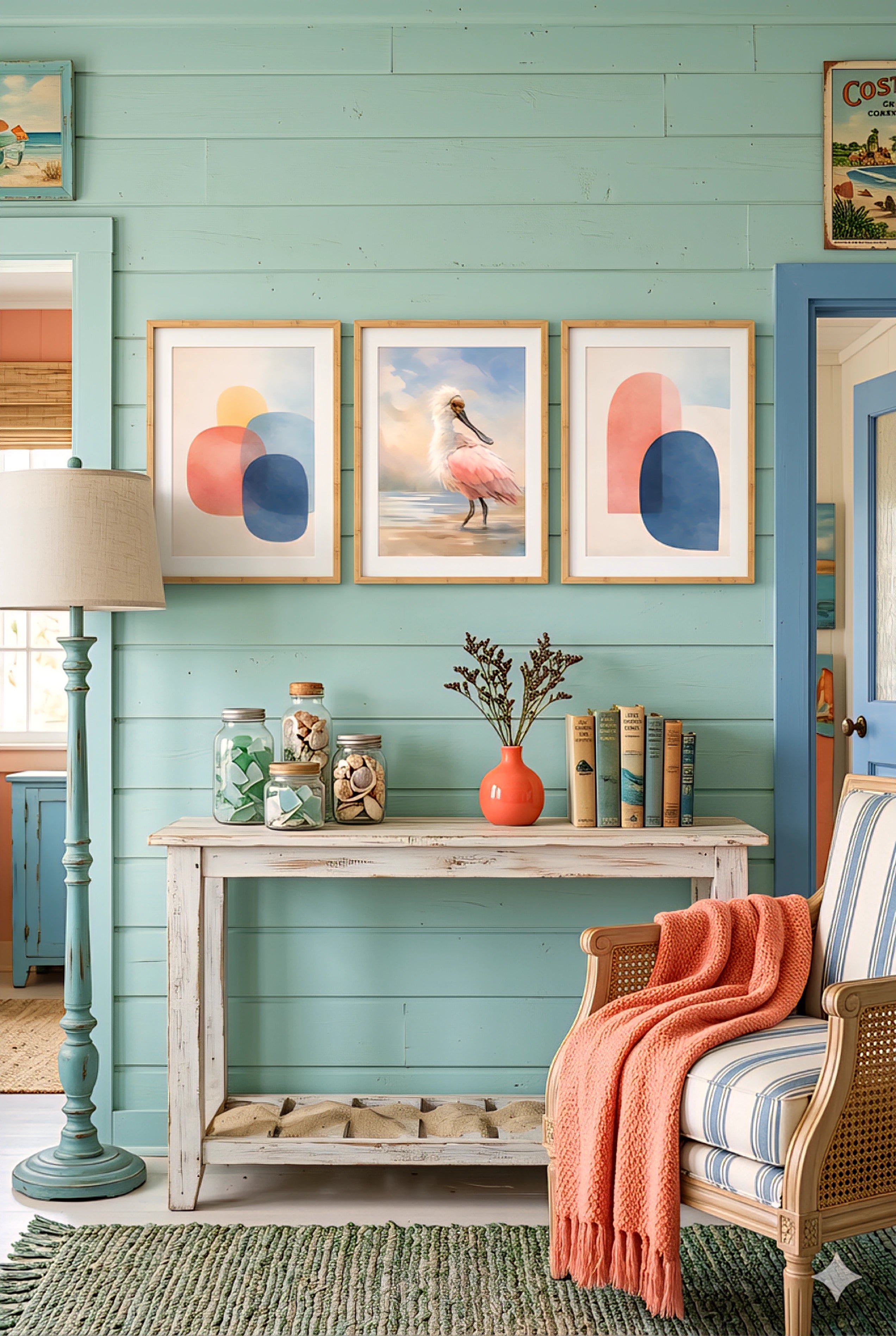 Set of 3 digital prints featuring abstract shapes and pink spoonbill bird styled on mint green wall above console table in coastal cottage decor