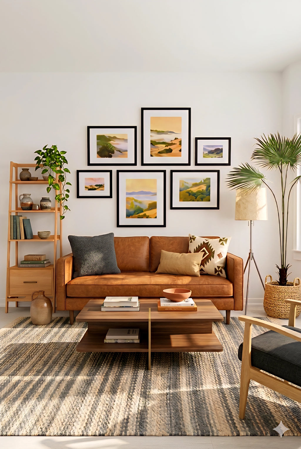 Warm landscape gallery wall set of 7 savvy places printable art prints in earthy neutral tones arranged above a leather sofa, modern living room wall decor bundle with black frames and layout guide for an easy designer look