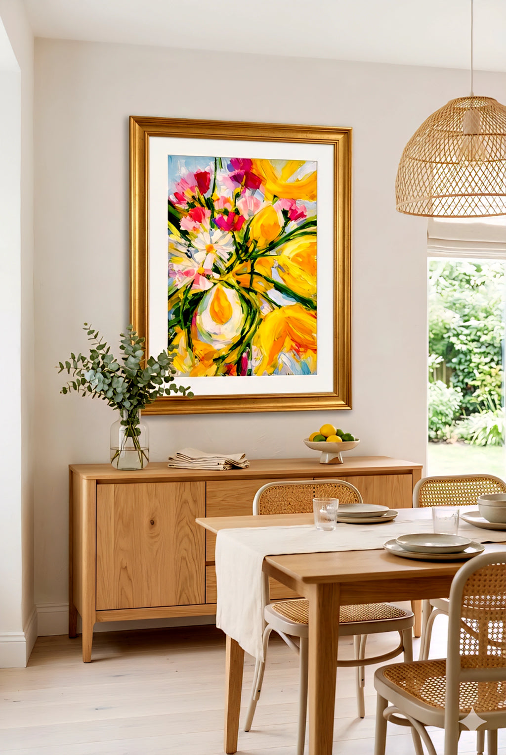 Yellow and pink floral abstract wall art in a gold frame above a wood sideboard in a light dining room with woven chairs, natural textures, and soft neutral tones for modern decorinspo