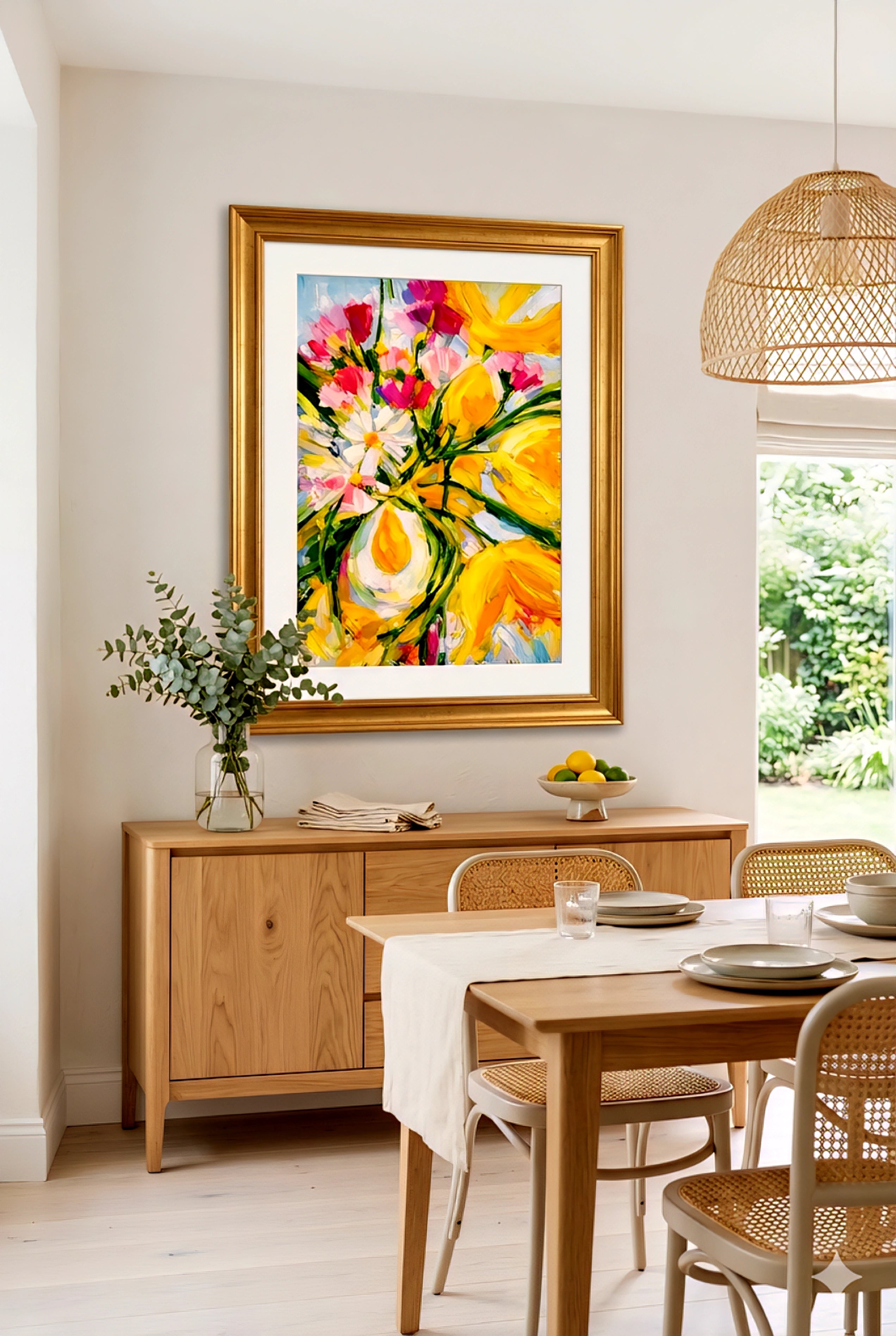 Yellow and pink floral abstract wall art in a gold frame above a wood sideboard in a light dining room with woven chairs, natural textures, and soft neutral tones for modern decorinspo