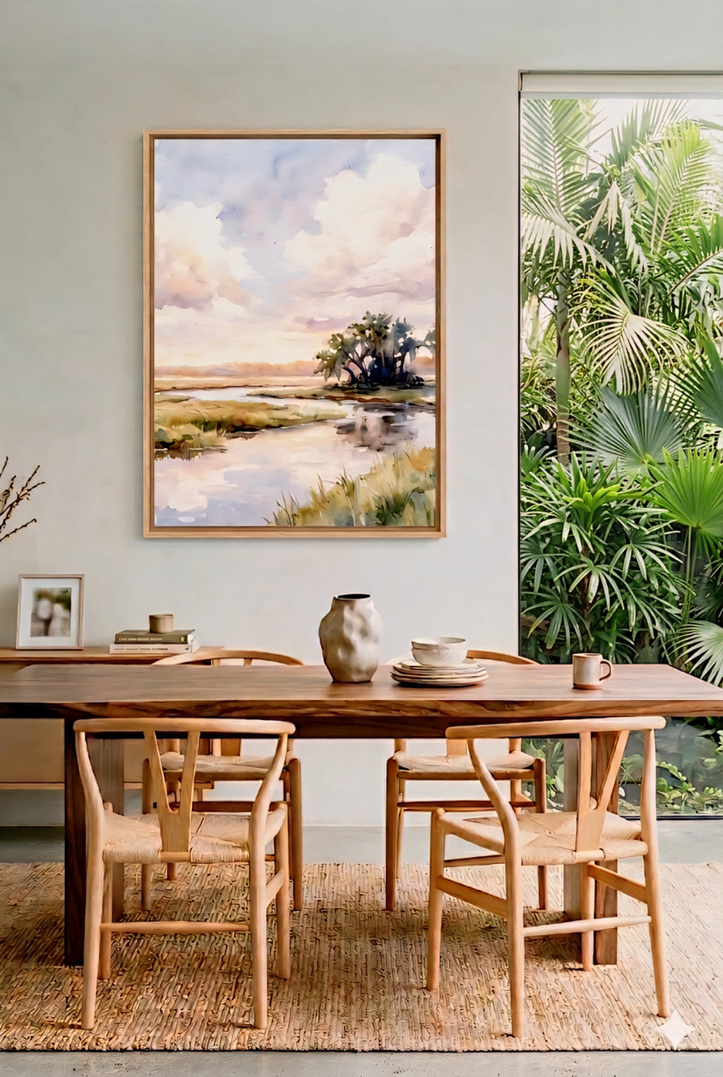 Soft watercolor coastal marsh landscape displayed above a modern dining table, calming nature digital wall art mockup.