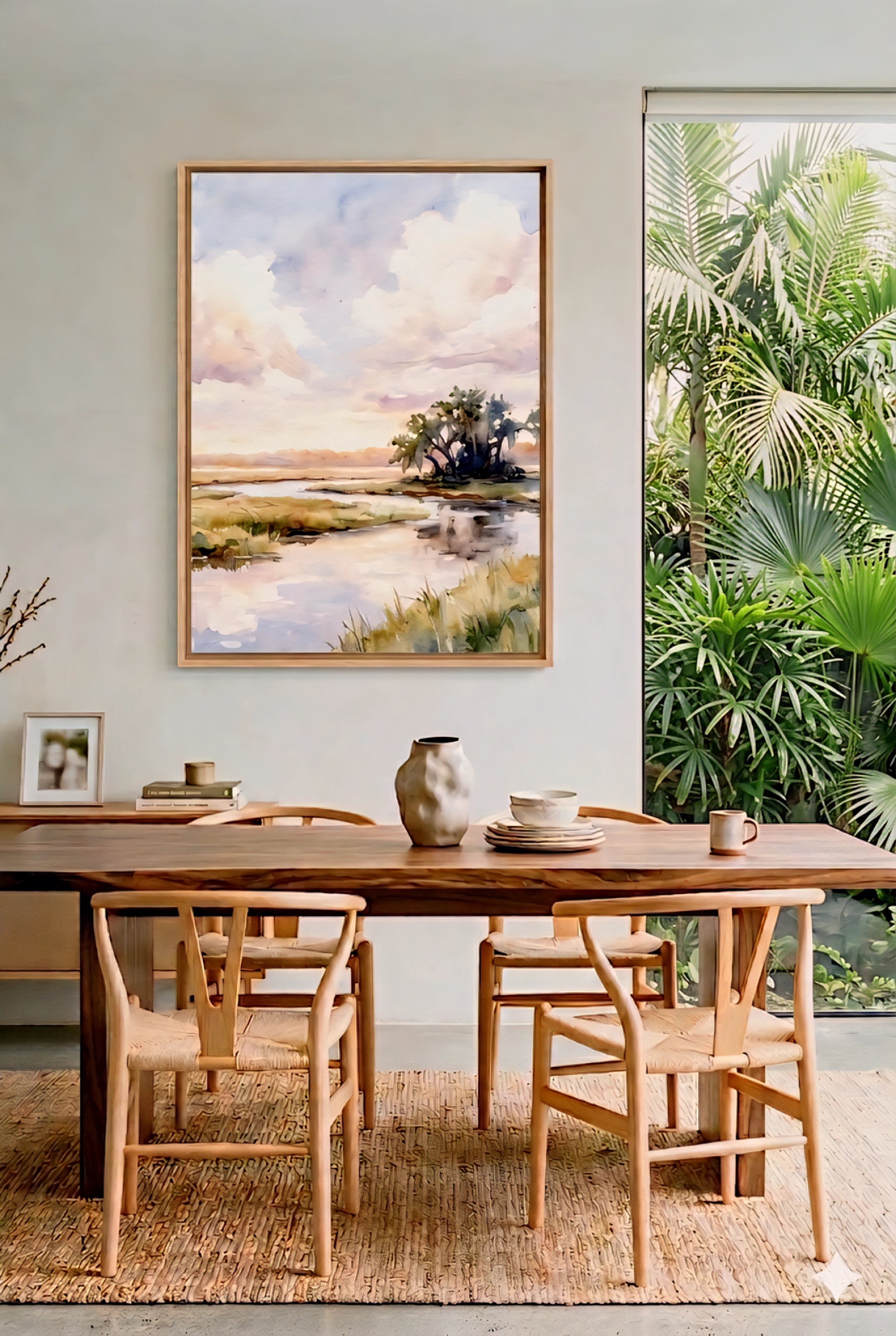 Soft watercolor coastal marsh landscape displayed above a modern dining table, calming nature digital wall art mockup.