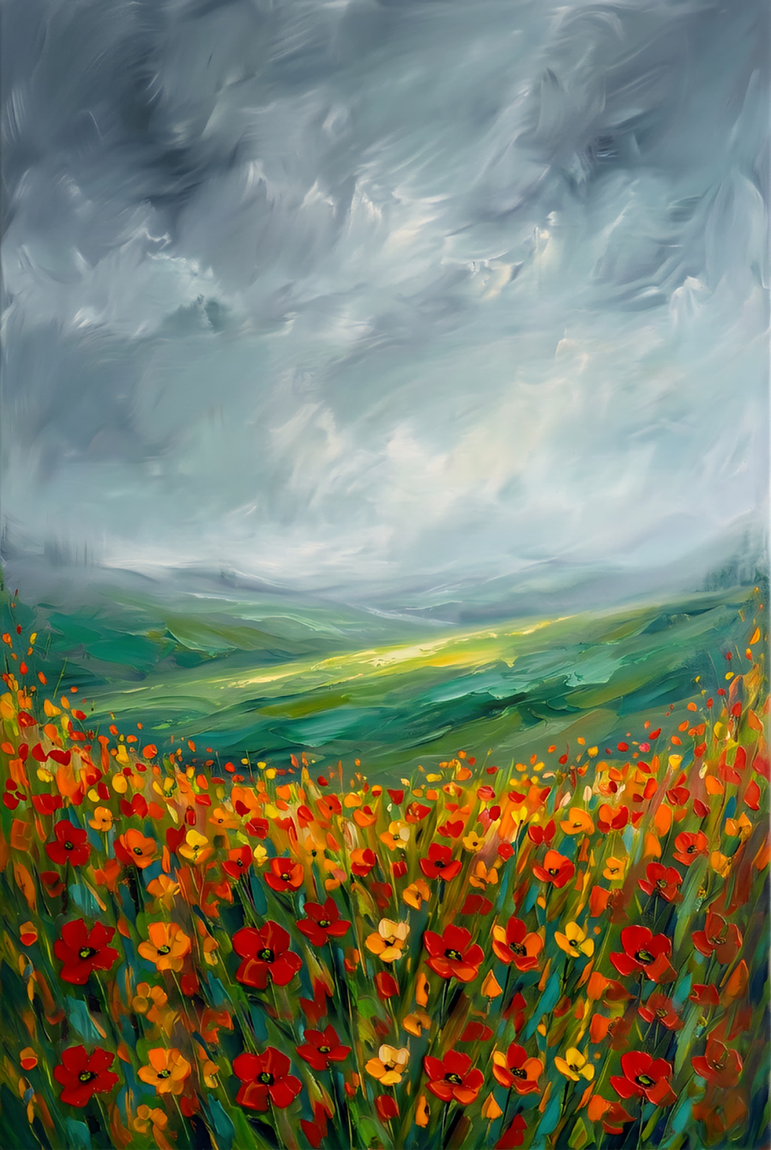 Stormy meadow poppy field wall art printable in vertical format featuring vivid red and orange flowers under dramatic sky, modern landscape digital download